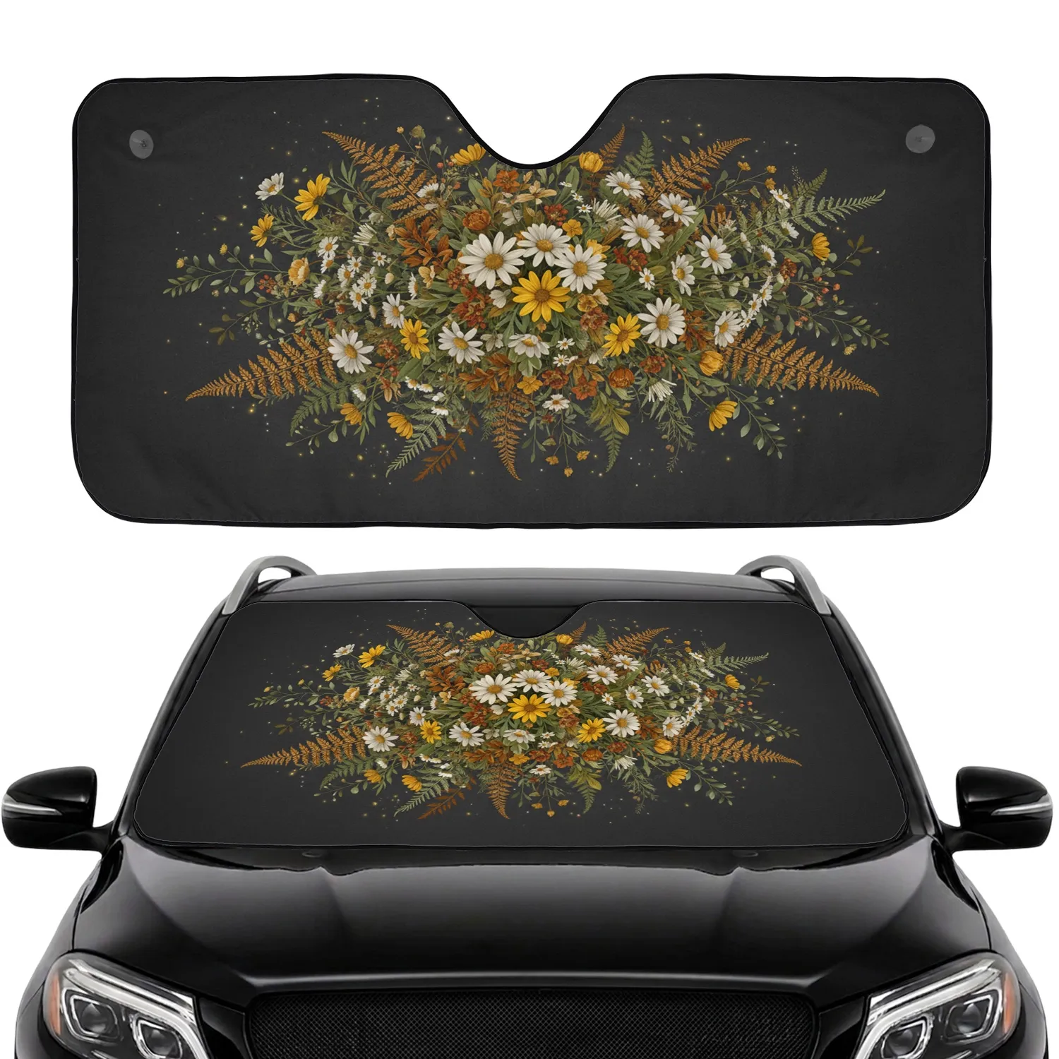 Intricately Intertwined Daisy Golden Yellow Blossom Wildflower Fern Botanical Cluster Car Interior Upgrade Car Sunshade - 1