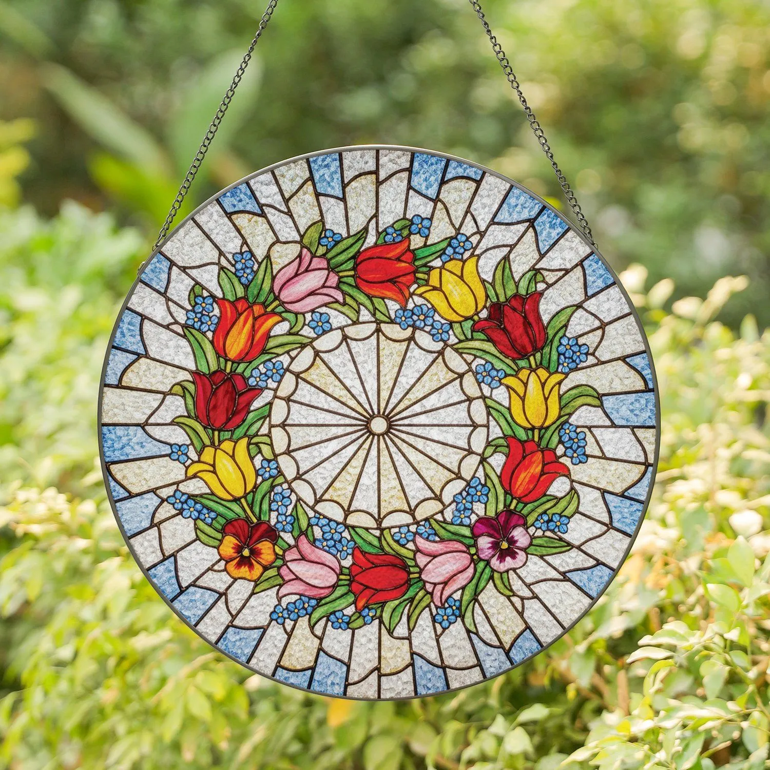Tulip Forget-Me-Nots Pansies Floral Wreath - Home Decor Gift for Flower Lover Stained Glass Suncatcher - 1