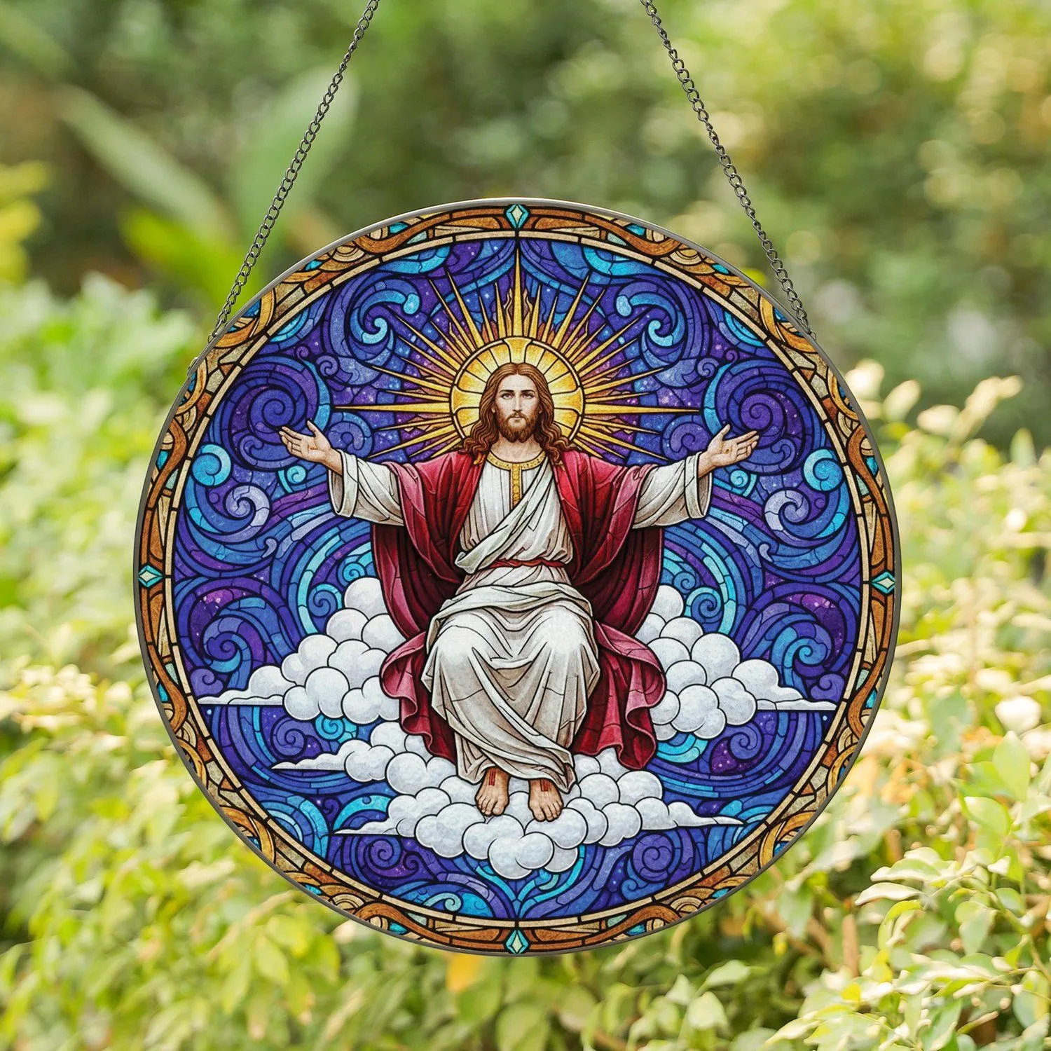 Jesus Christ Ascension Sunburst Jewel Tone Celestial Home Decor Gift Stained Glass Suncatcher - 1