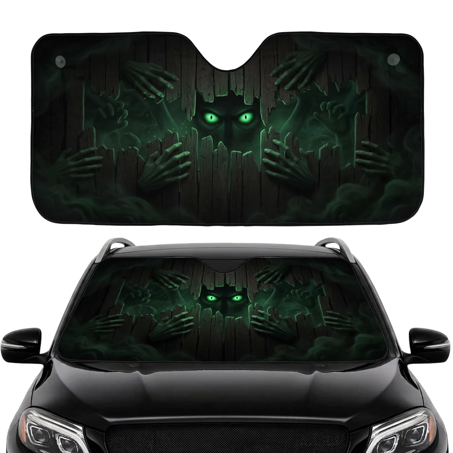 Glowing Green Eyes Skeletal Hands Dark Wood Planks - Travel Essentials Car Sunshade - 1