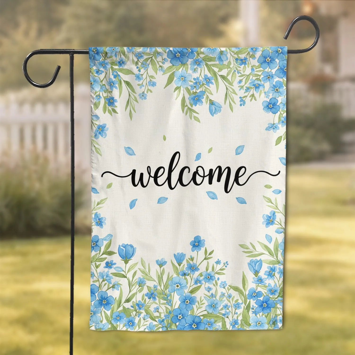 Welcome Script Blue Floral Foliage - Rustic Home Decor Gift Garden Flag - 1