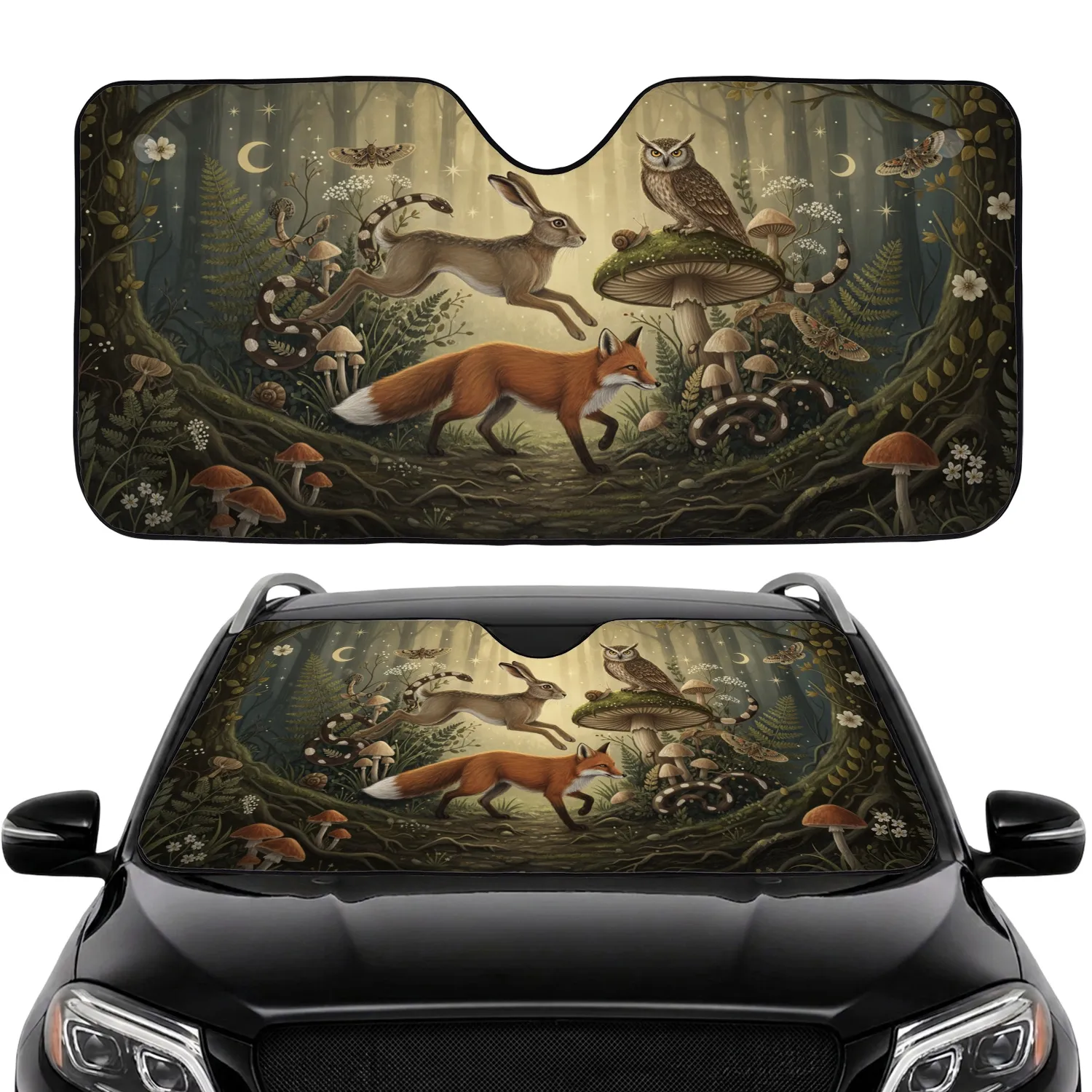 Enchanted Forest Hare Owl Fox Wildlife Lover Car Interior Upgrade Car Sunshade - 1