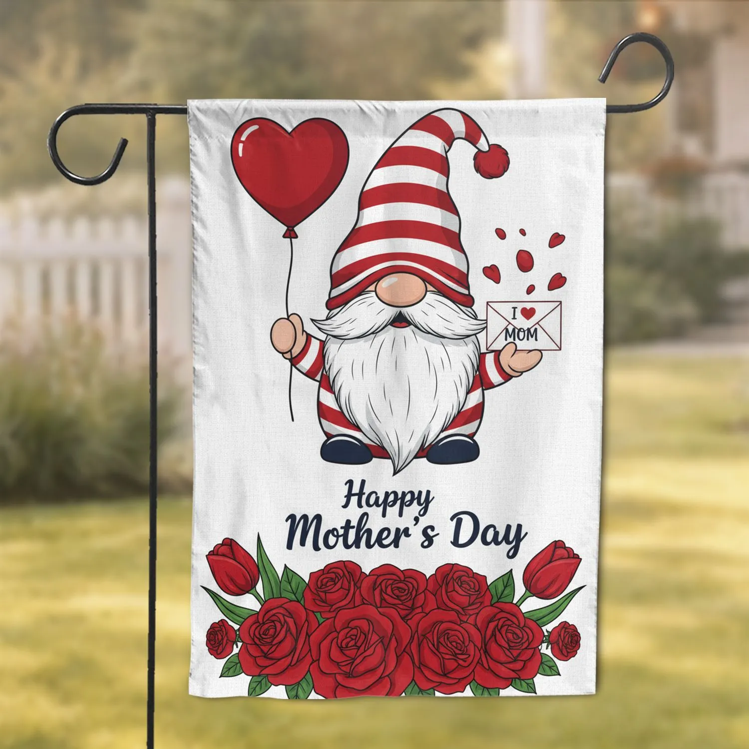 Happy Mother's Day Gnome Heart Balloon Pink Roses Tulips Foliage - Gift for Mom Garden Flag - 1