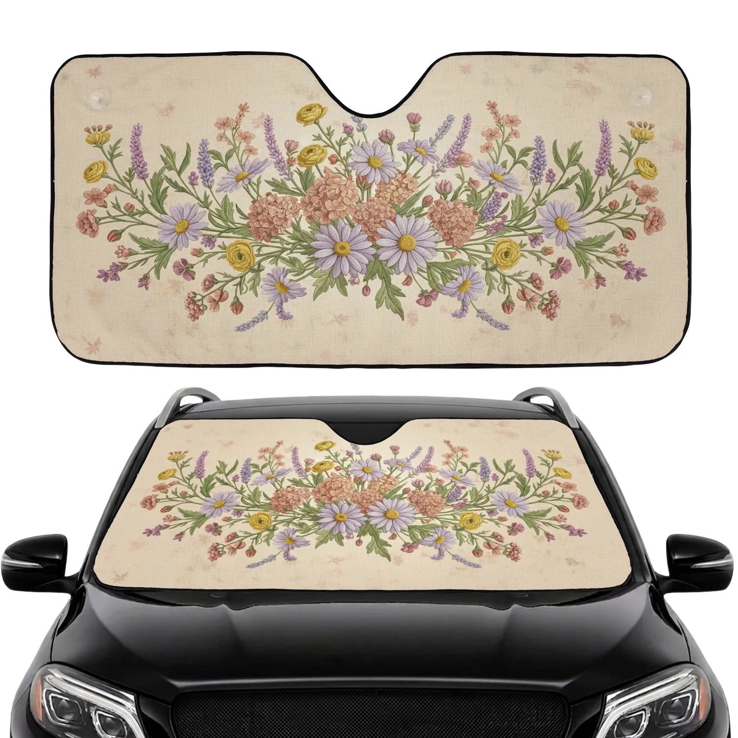Wildflower Botanical Lilac Daisy Peach Floral - Road Trip Travel Essential Car Sunshade - 1