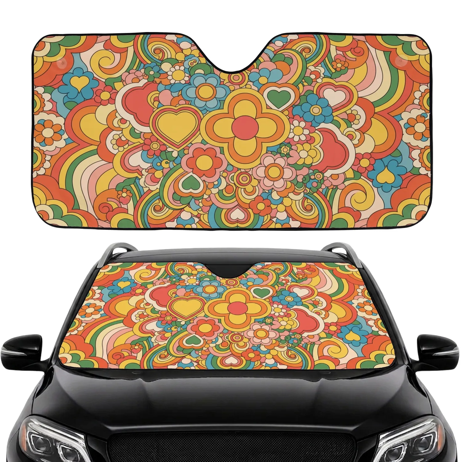1970s Psychedelic Flowers Hearts Arcs - Car Interior Upgrade Car Sunshade - 1