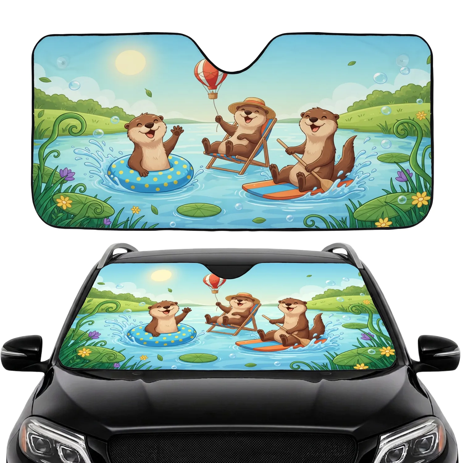Otters Water Lilies Wildflowers Hot Air Balloon Road Trip Gift for Otter Lover Car Sunshade - 1