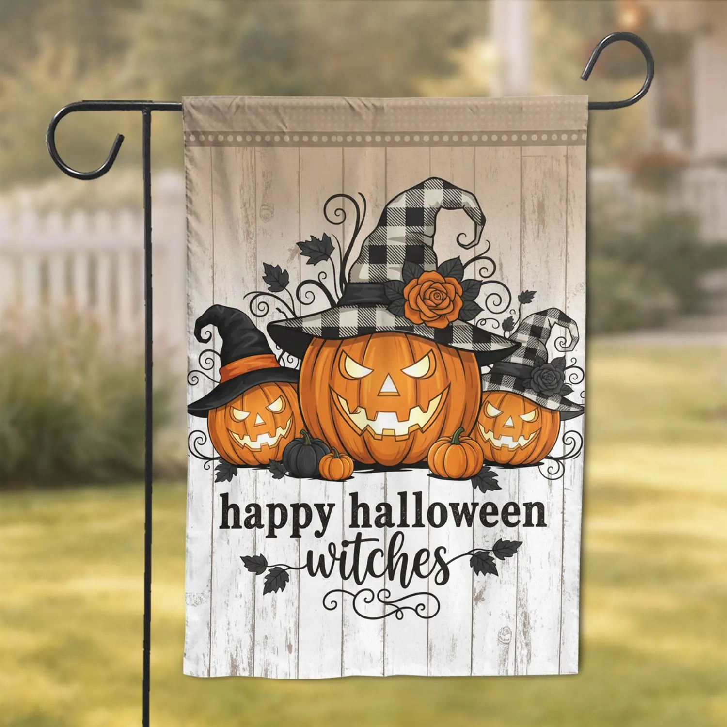 Three Jack-o'-Lanterns Wearing Witches Hats Rustic Wood Halloween Decor Garden Flag - 1