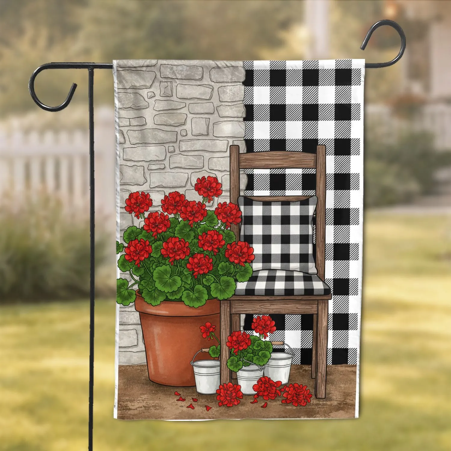 Geraniums Terracotta Pot Rustic Chair Buffalo Plaid - Farmhouse Home Decor Garden Flag - 1