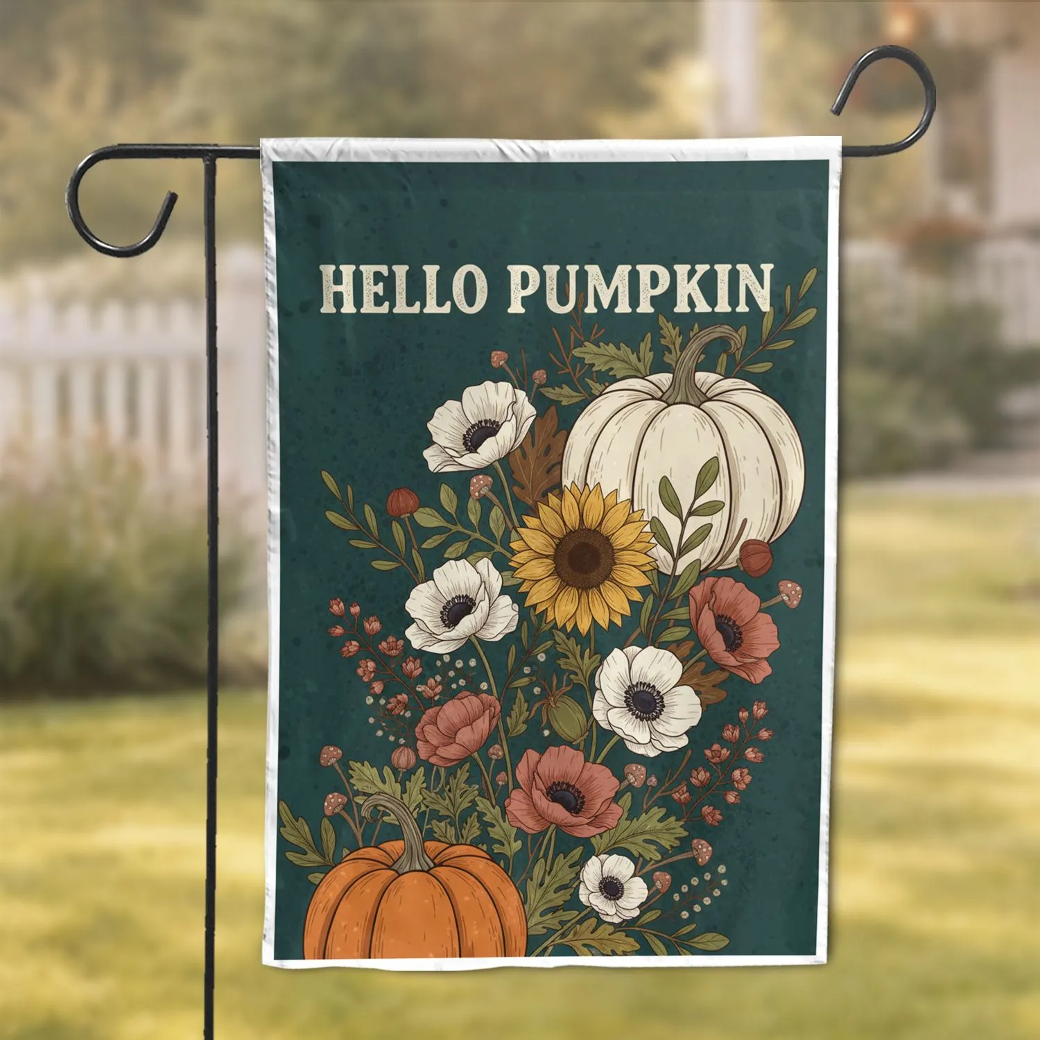 Hello Pumpkin Text White Pumpkin Fall Botanical Home Decor Gift Garden Flag - 1