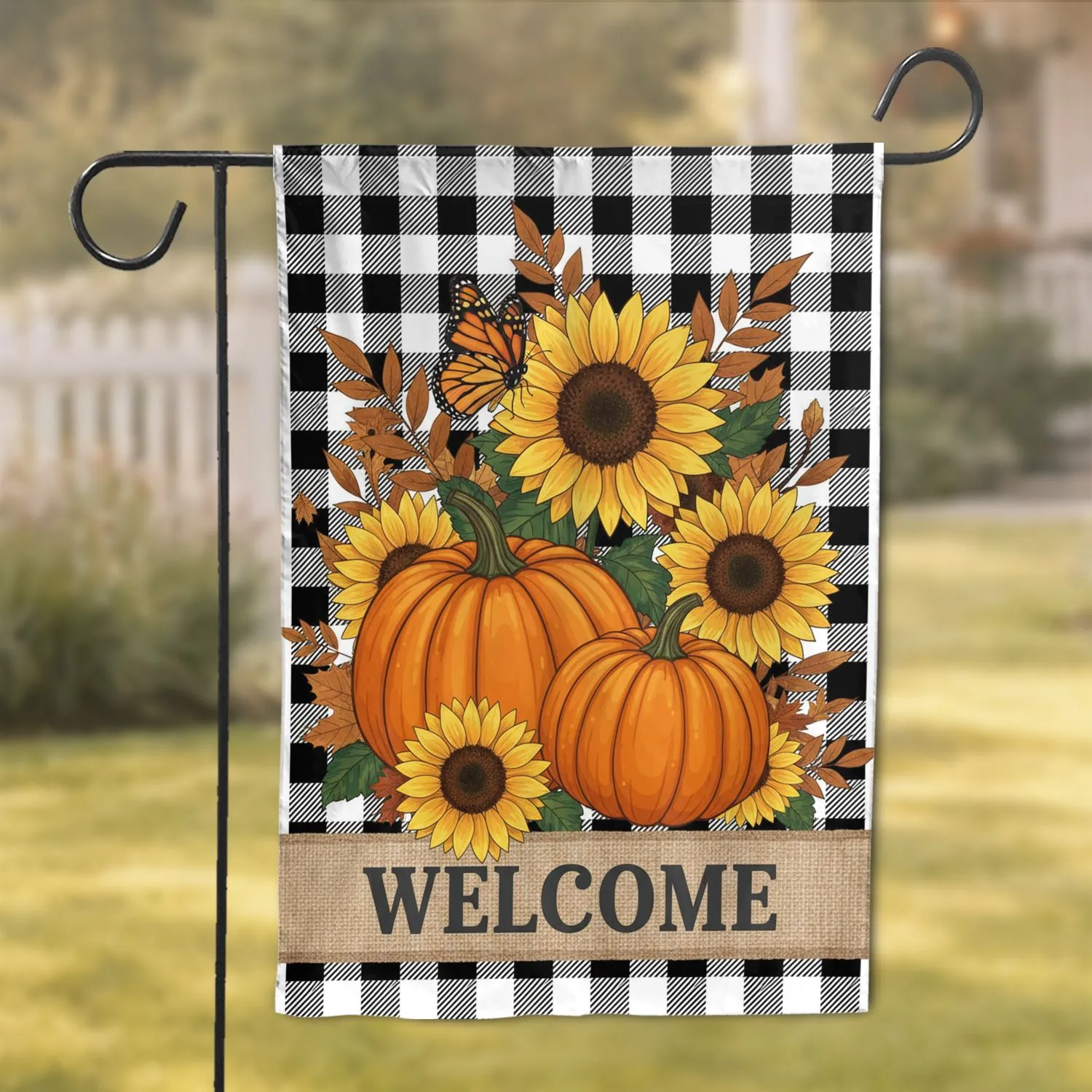 Autumn Pumpkins Sunflowers Welcome Buffalo Plaid Monarch Butterfly - Fall Home Decor Garden Flag - 1
