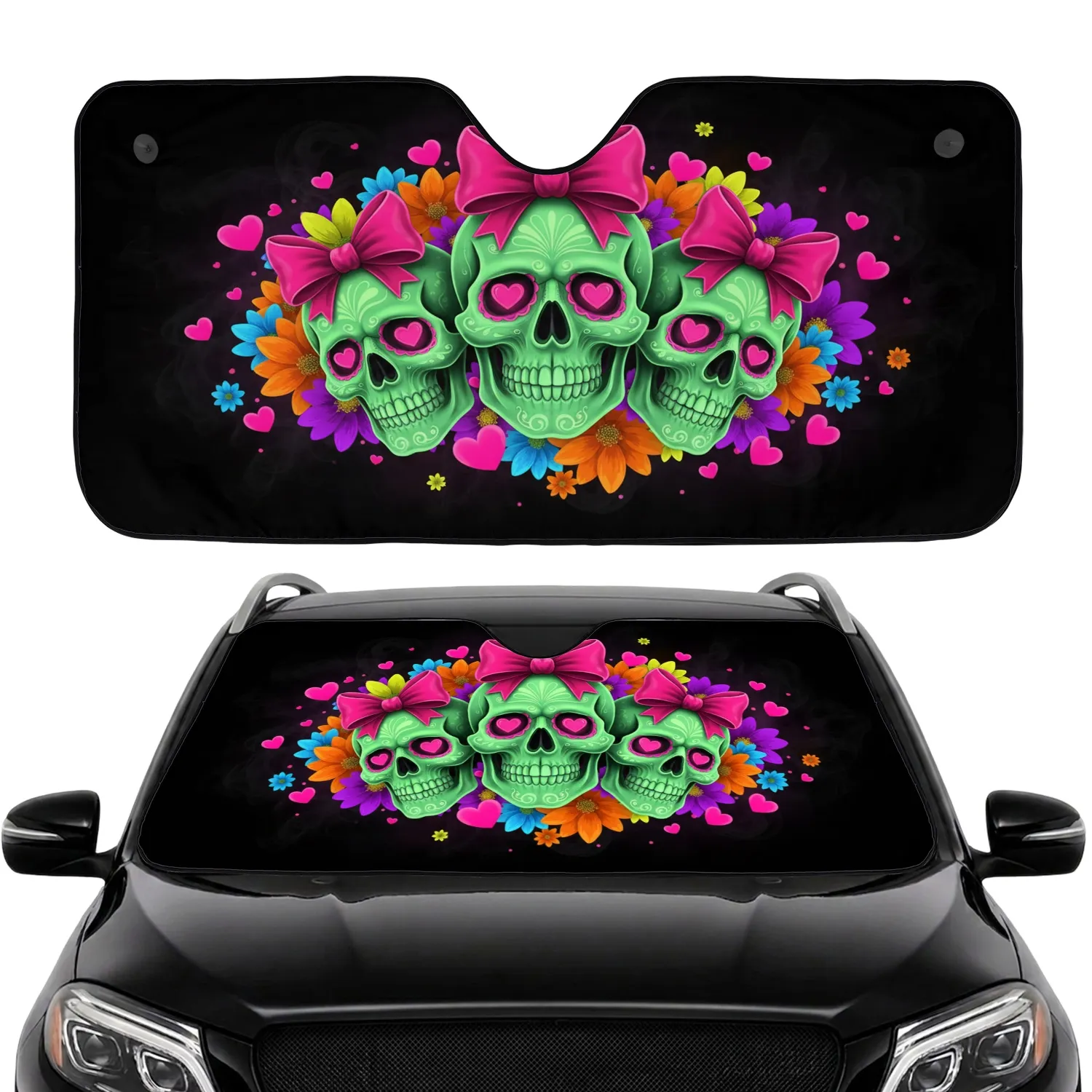 Sugar Skulls Pink Bows Flowers Floating Hearts Dark Smoke Road Trip Auto Gift Car Sunshade - 1