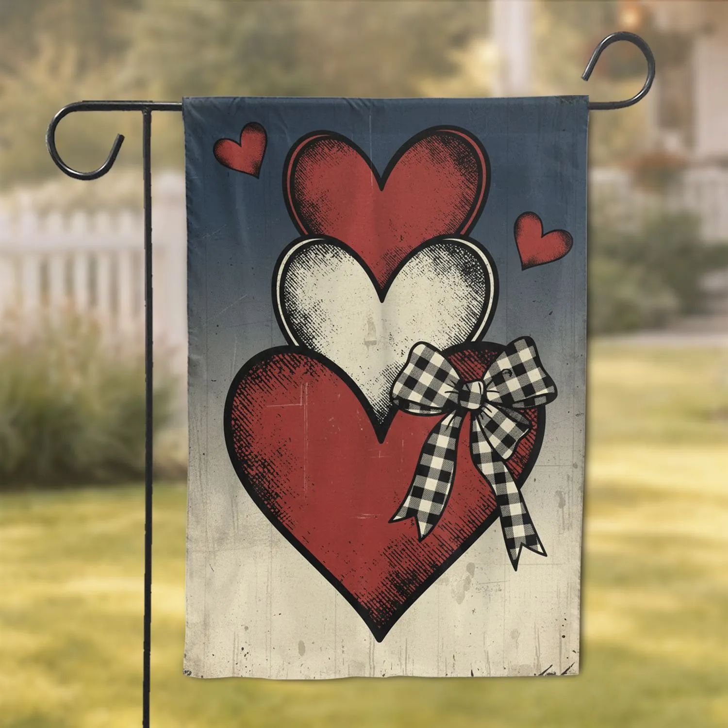 Rustic Red Cream Distressed Hearts Checkered Bow - Farmhouse Home Decor Garden Flag - 1