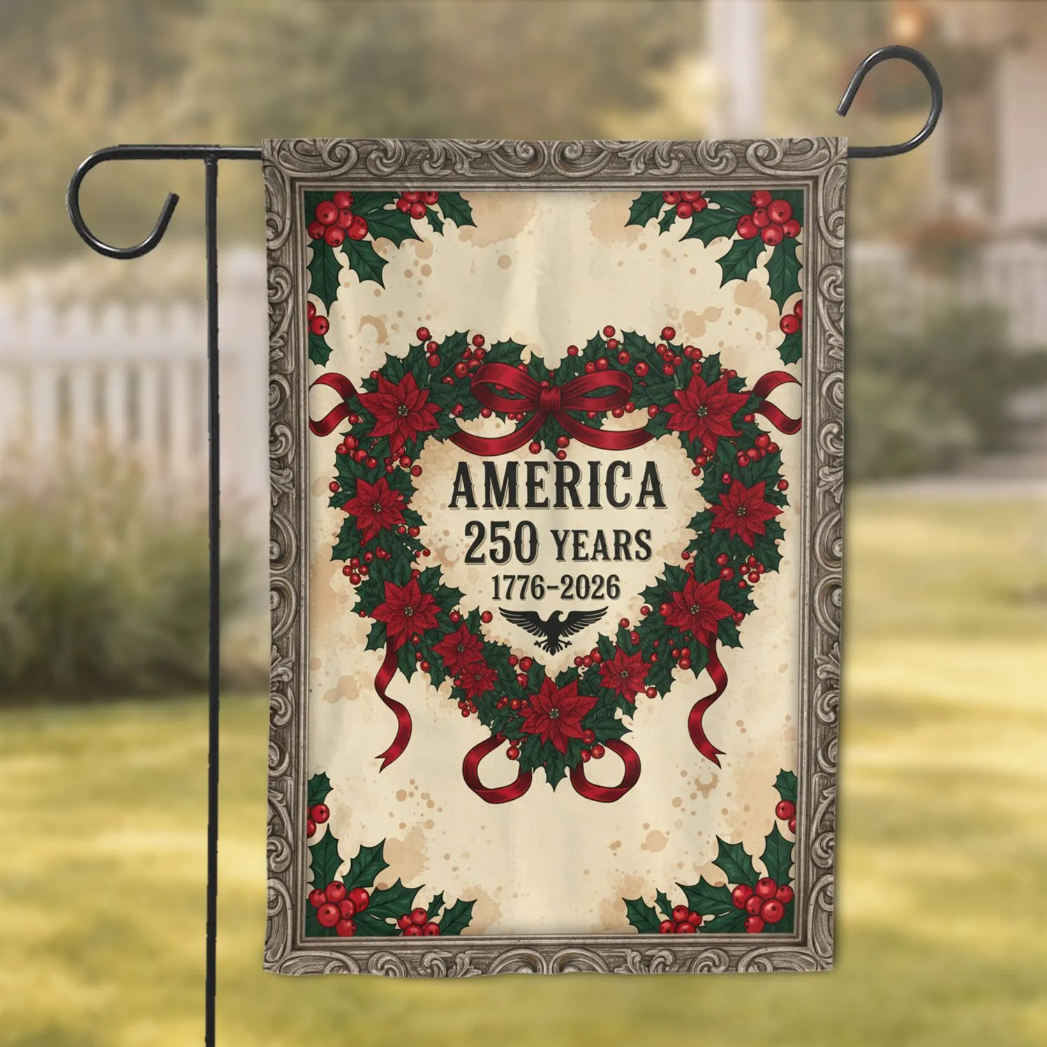 USA 250th Anniversary (1776-2026) Heart Wreath Holly Poinsettia Independence Day Gift Garden Flag - 1
