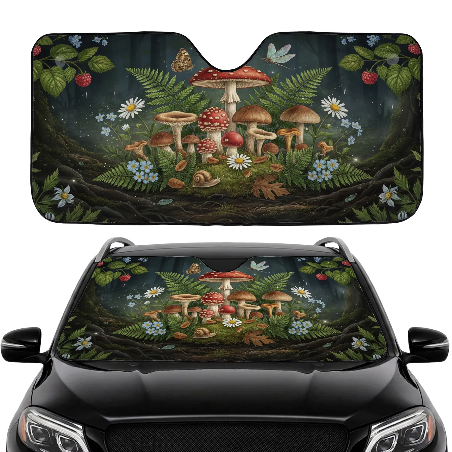 Mystical Woodland Mushroom Fungi Fern Daisy Butterfly Snail Car Interior Upgrade Car Sunshade - 1