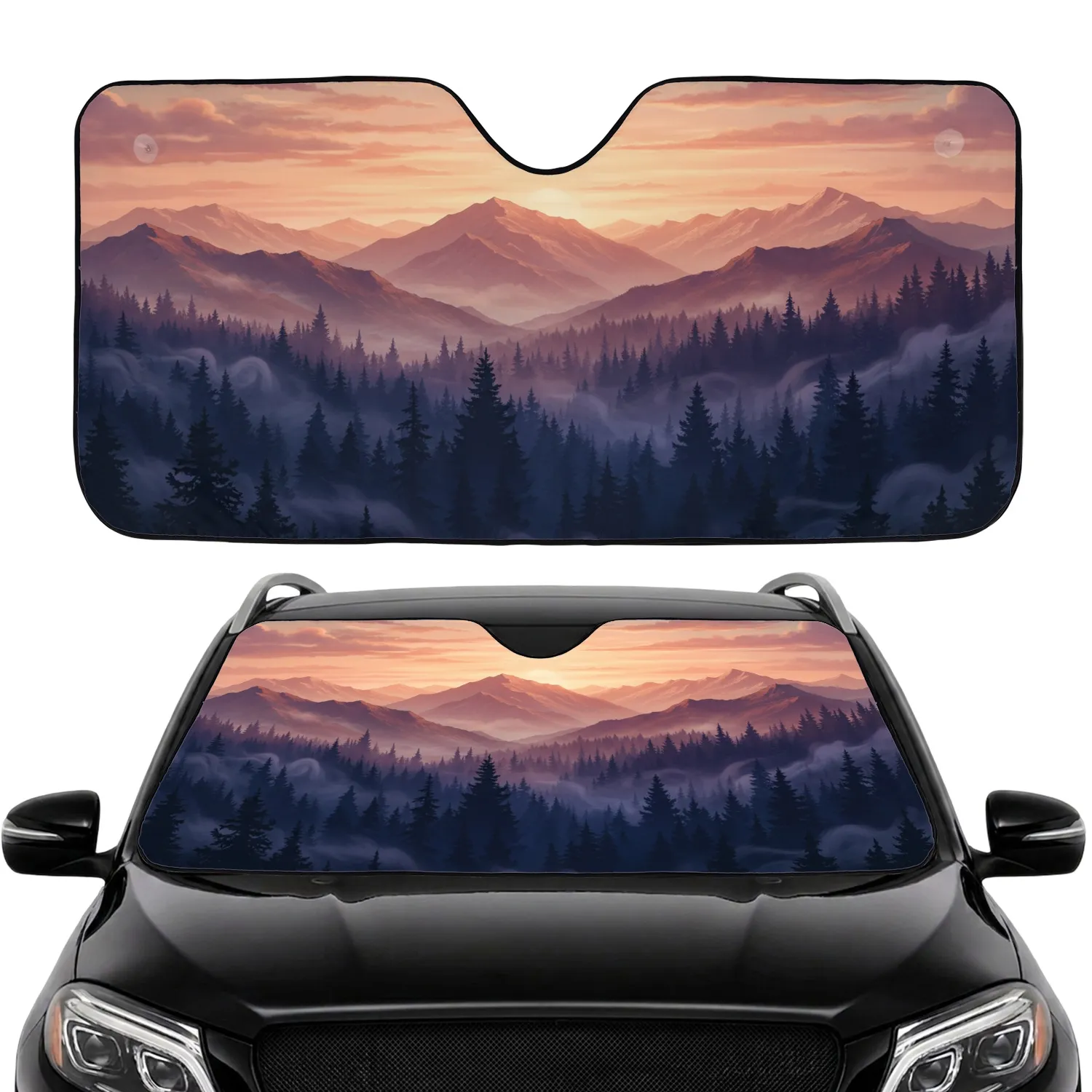 Majestic Evergreen Forest Misty Mountain Fog Sunrise Sunset - Car Interior Upgrade Car Sunshade - 1