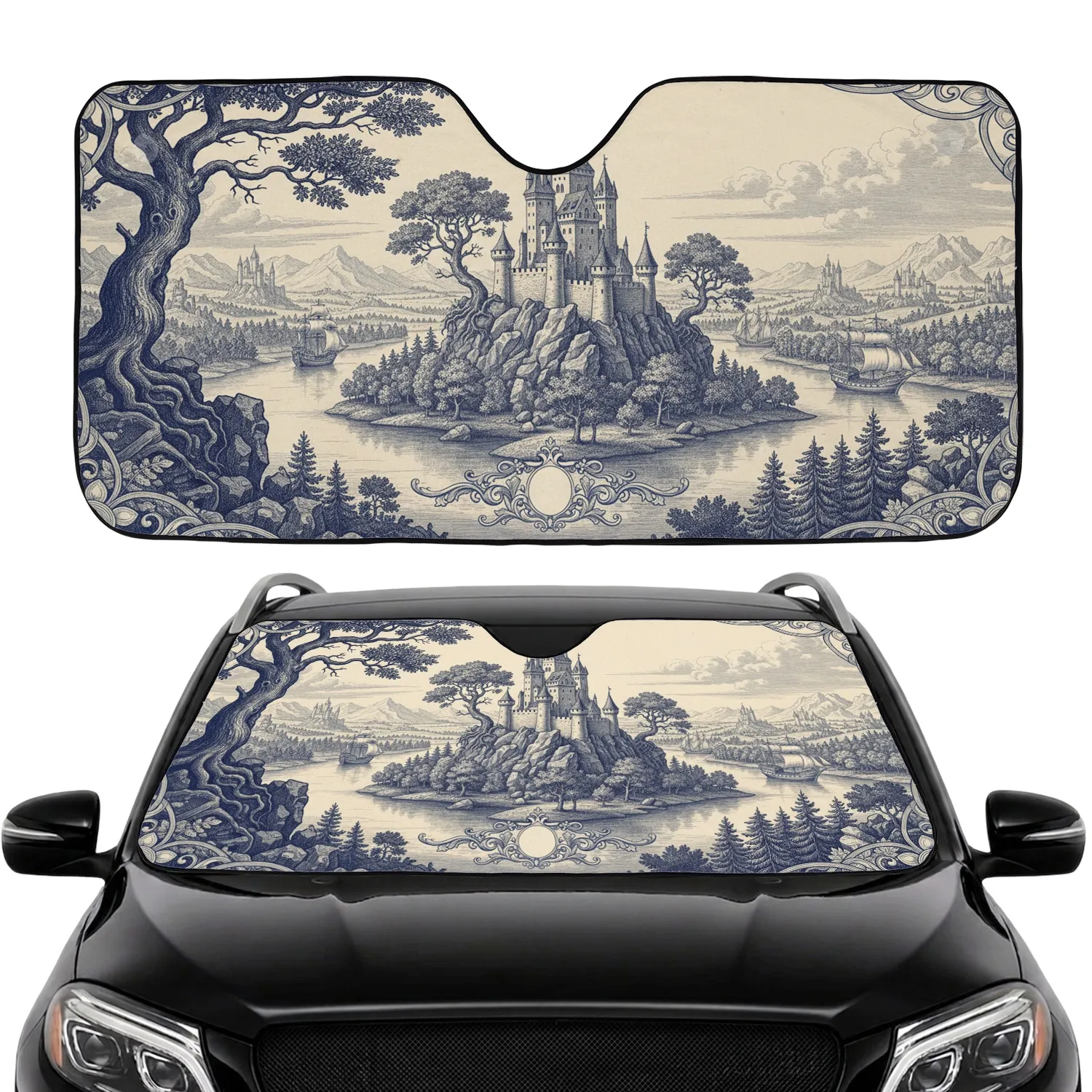 Multi-Turreted Castle Sailing Ships Landscape - Car Interior Upgrade for Fantasy Lover Car Sunshade - 1