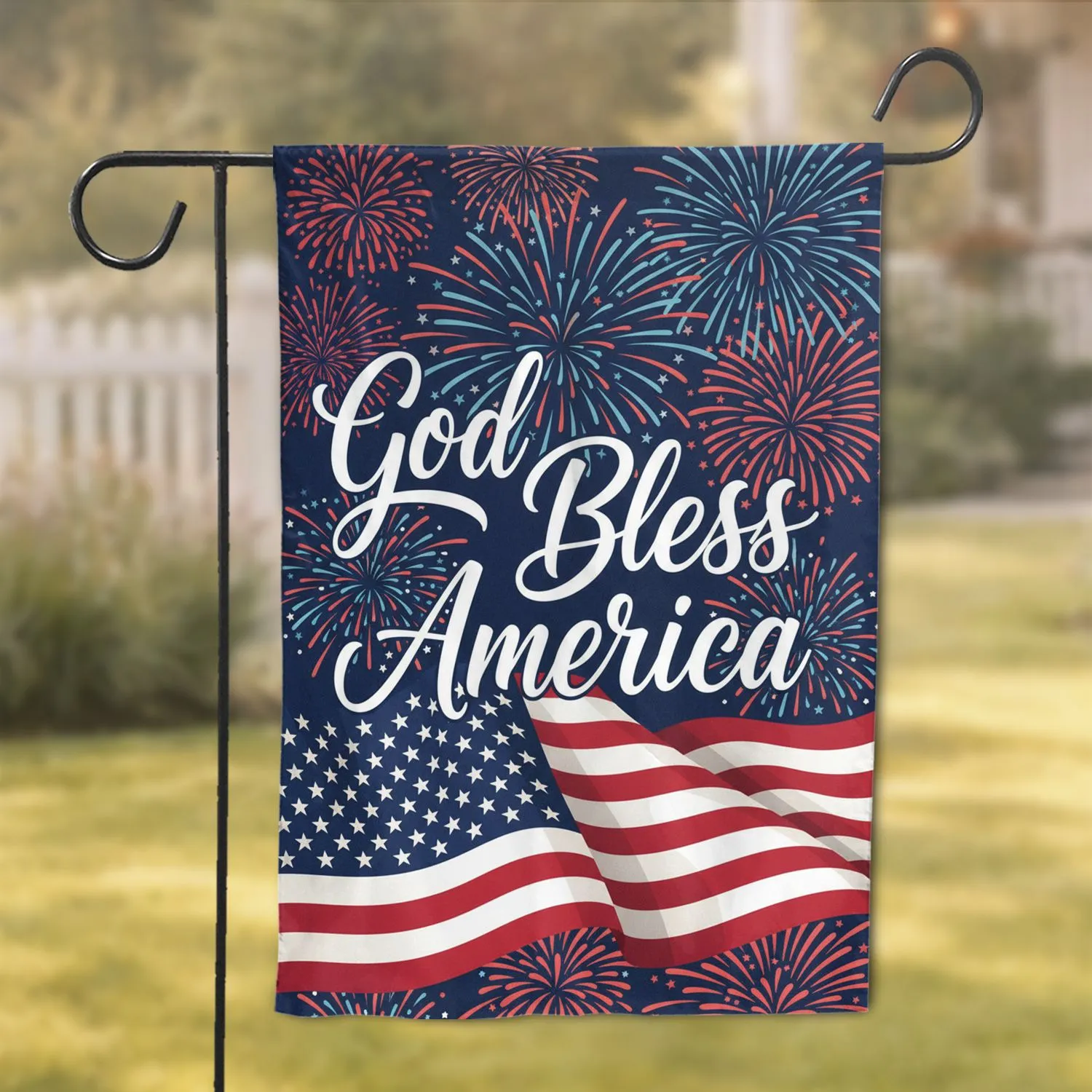 God Bless America Script American Flag Fireworks - Independence Day Home Decor Garden Flag - 1