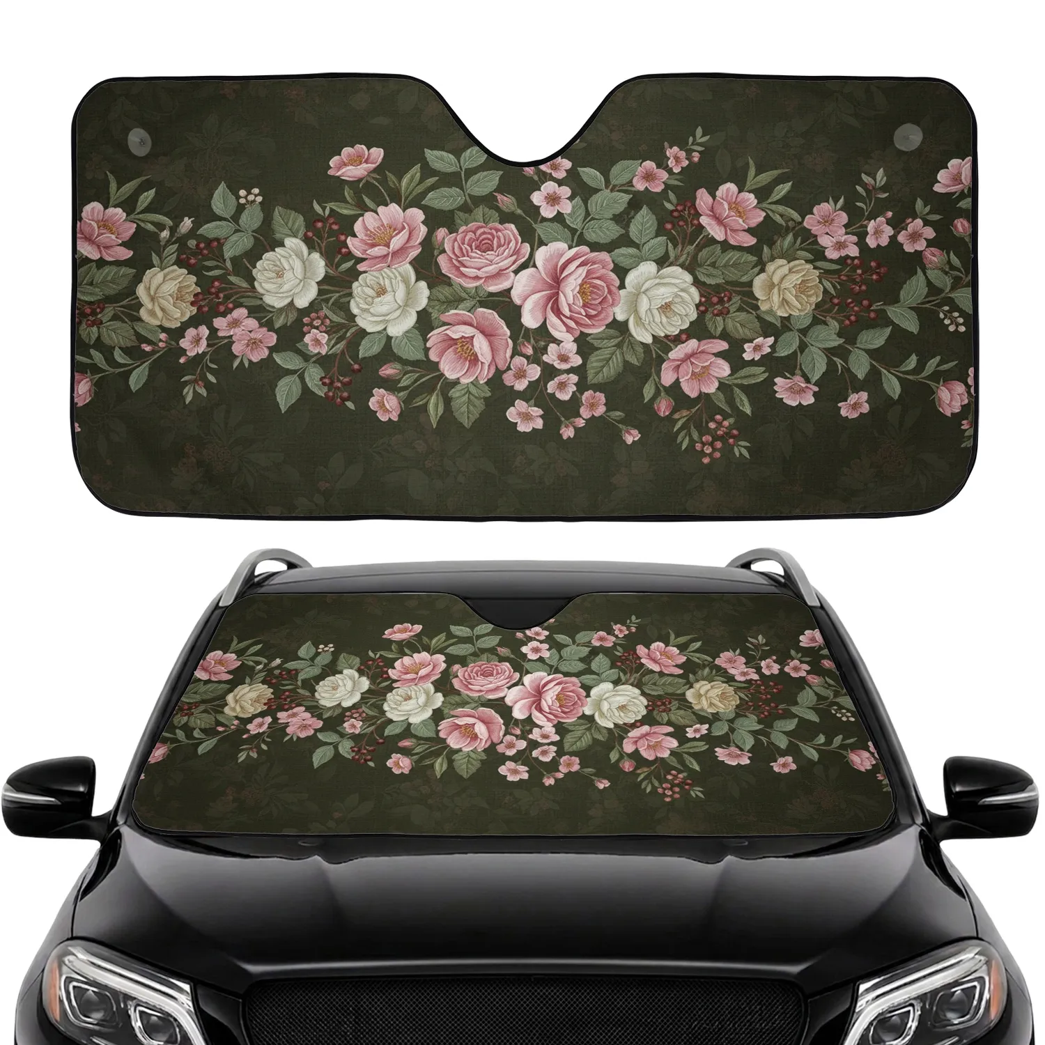 Dense Floral Bloom Green Leaves Berry Clusters - Car Interior Upgrade Car Sunshade - 1
