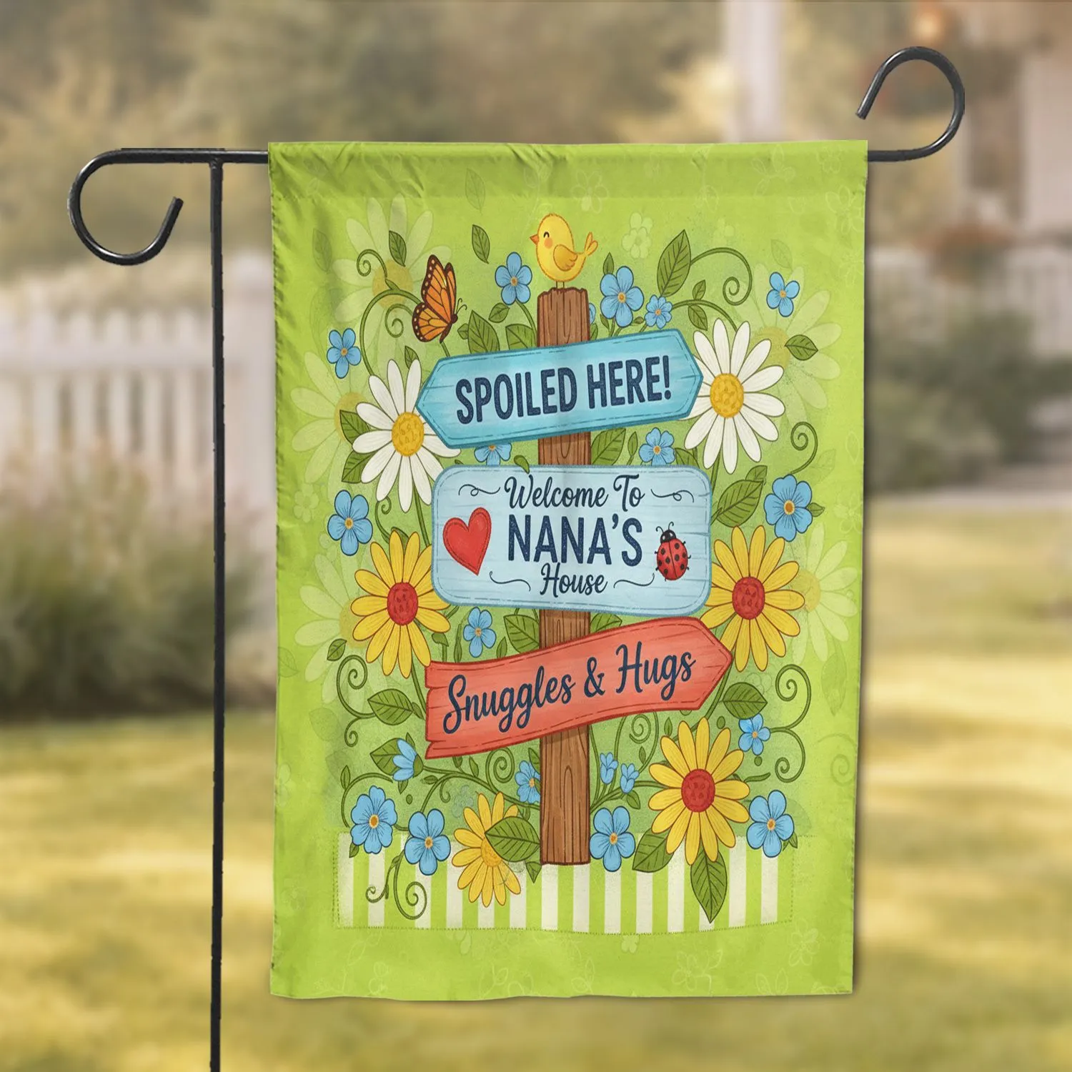Spoiled Here Nana Welcome Signpost - Home Decor Gift for Grandparents Garden Flag - 1
