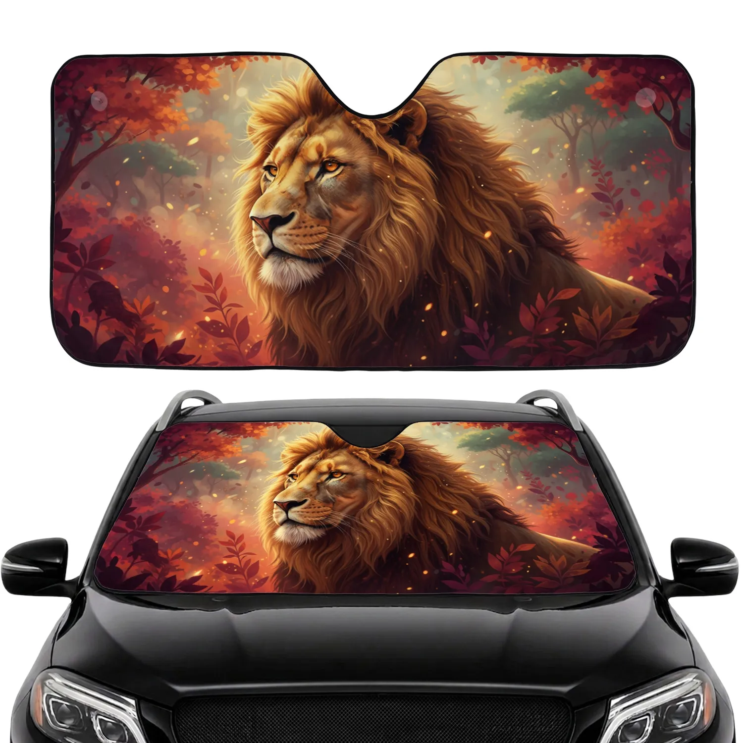 Majestic Male Lion Golden Mane Amber Eyes - Car Interior Upgrade Road Trip Essential Car Sunshade - 1