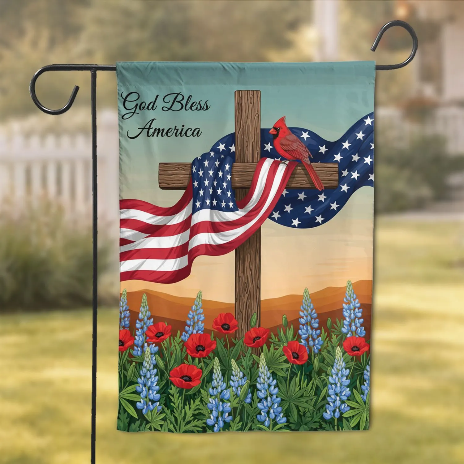 God Bless America Rustic Cross American Flag Cardinal Patriotic Home Decor Gift Garden Flag - 1