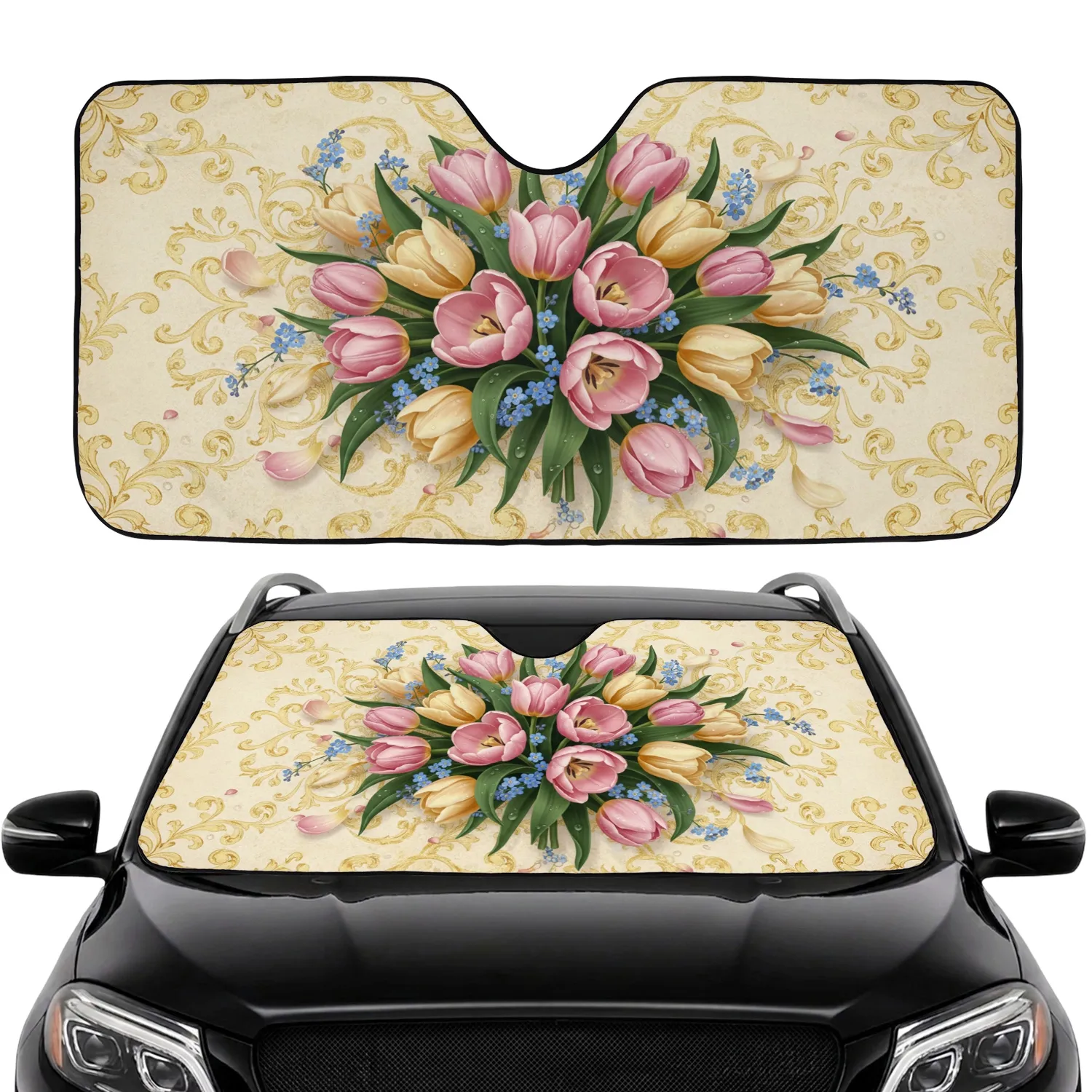 Tulips Forget-Me-Nots Floral Bouquet Golden Scrollwork Vintage Parchment Car Interior Upgrade Car Sunshade - 1