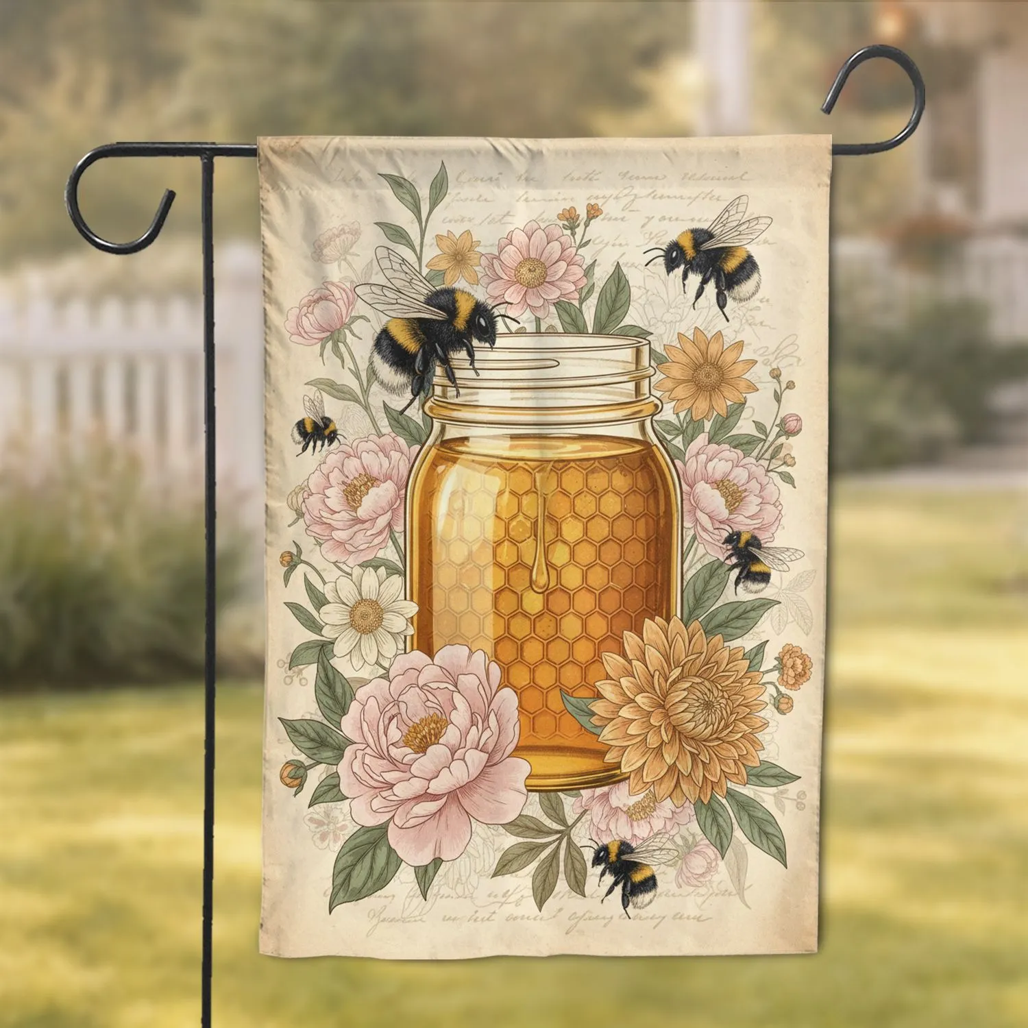 Bumblebee Honey Jar Peony Dahlia Floral - Home Decor Gift for Bee Lovers Garden Flag - 1