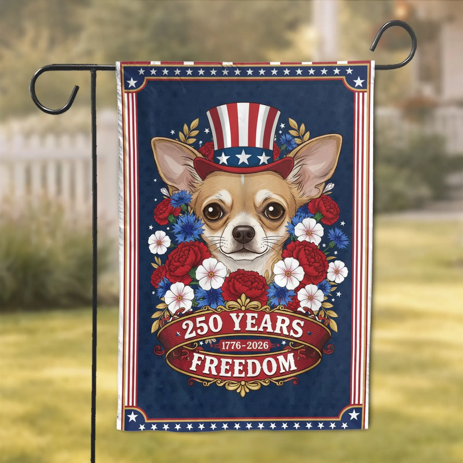 Patriotic Floral Chihuahua Uncle Sam Hat USA 250th Anniversary 1776-2026 Garden Flag - 1