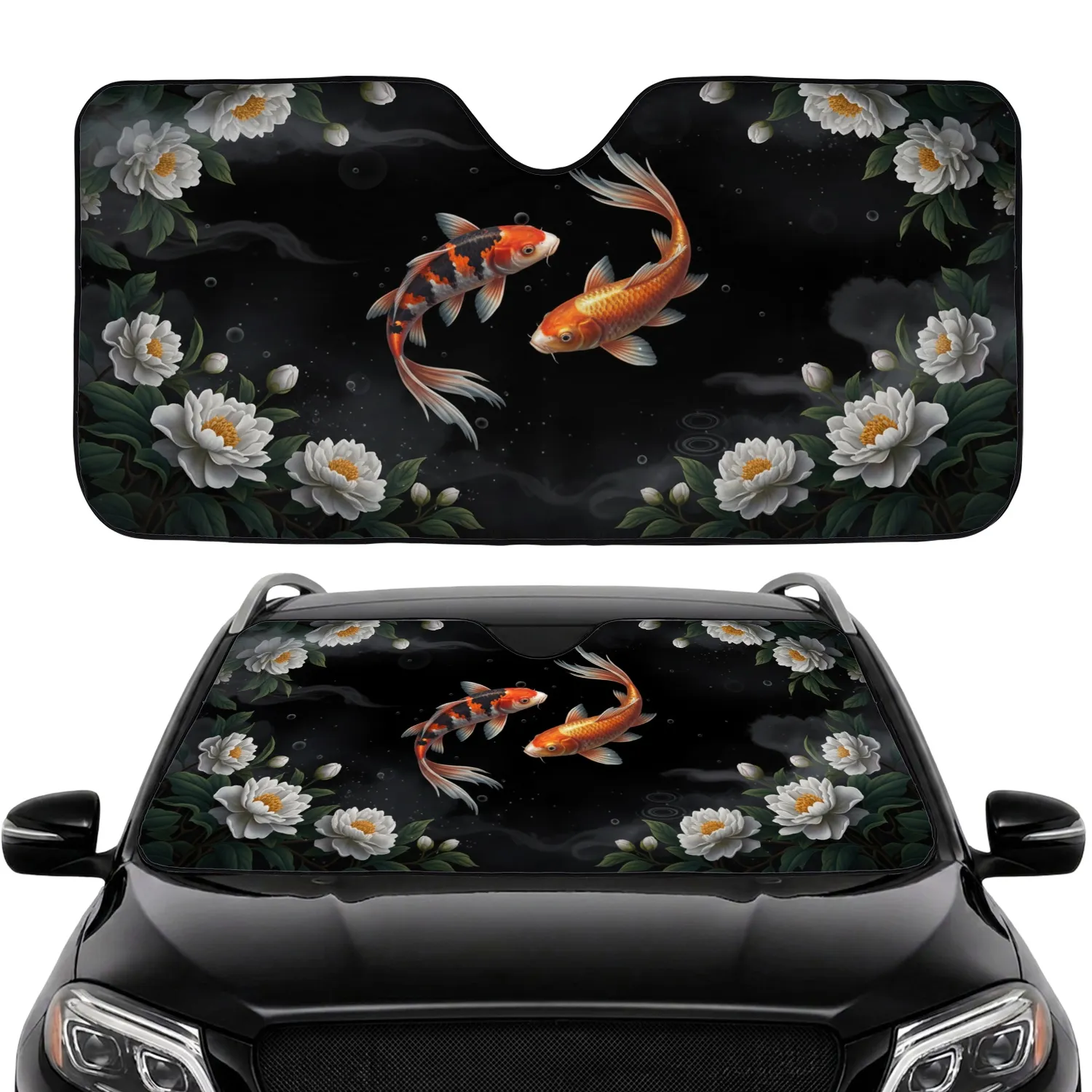 Vibrant Koi Fish White Flowers Luminous Night Pond - Car Interior Upgrade Car Sunshade - 1