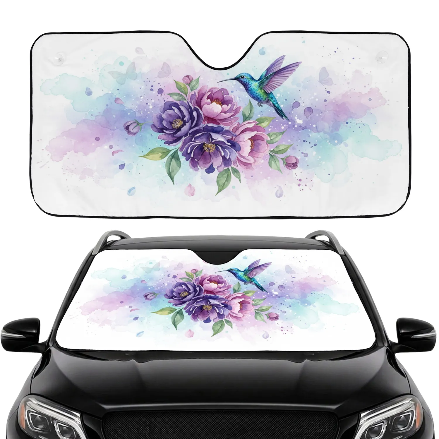 Iridescent Blue Teal Hummingbird Purple Flowers - Road Trip Car Interior Upgrade Car Sunshade - 1
