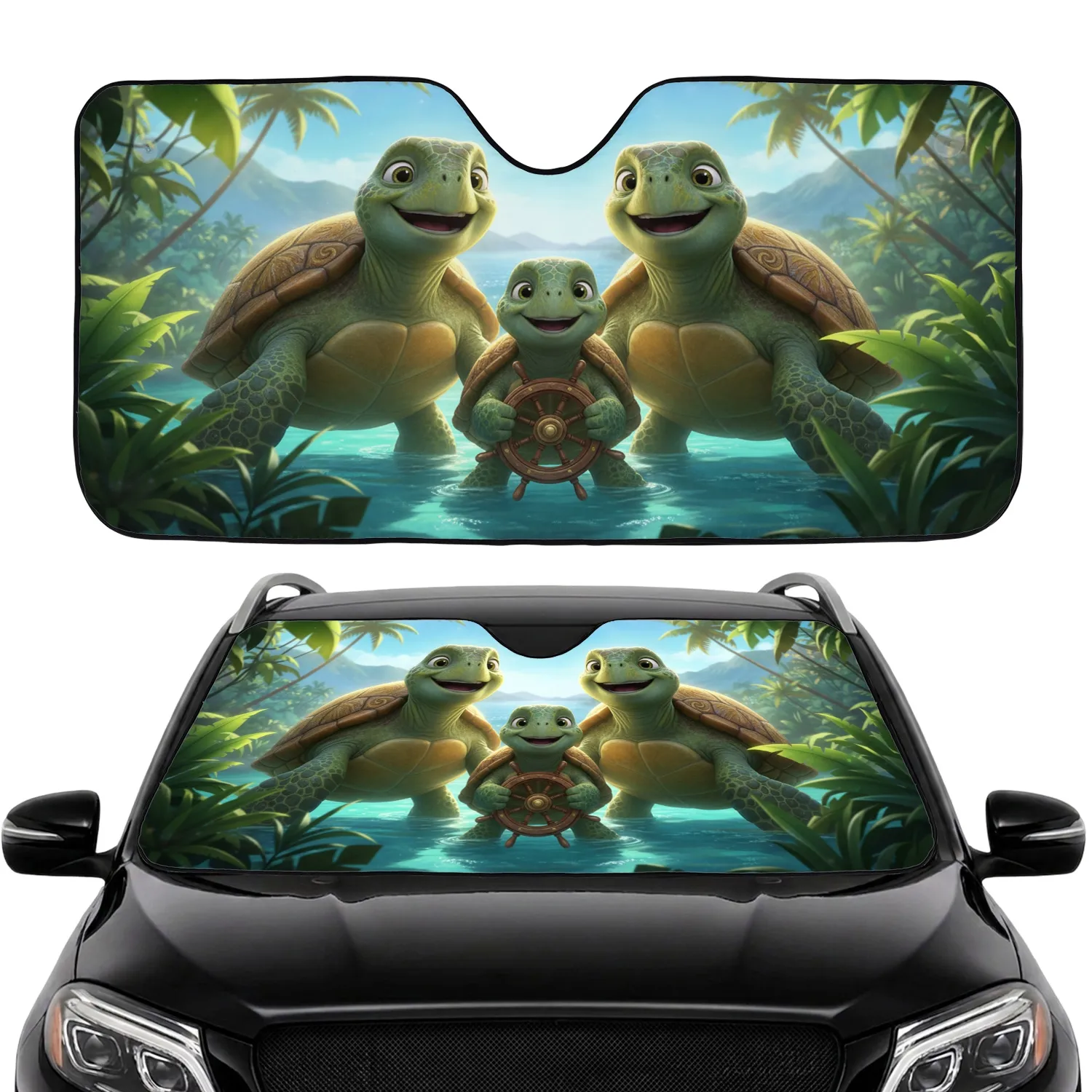 Happy Sea Turtle Family Tropical Ocean - Road Trip Gift for Turtle Lovers Car Sunshade - 1