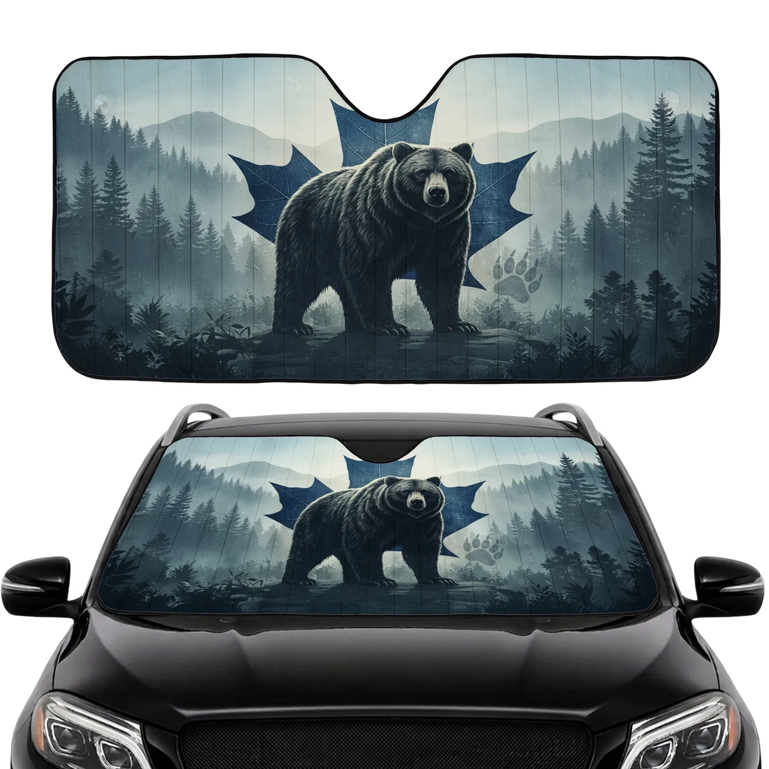 Grizzly Bear Maple Leaf Canadian Forest Misty Mountains Rustic Planks Road Trip Gift Car Sunshade - 1