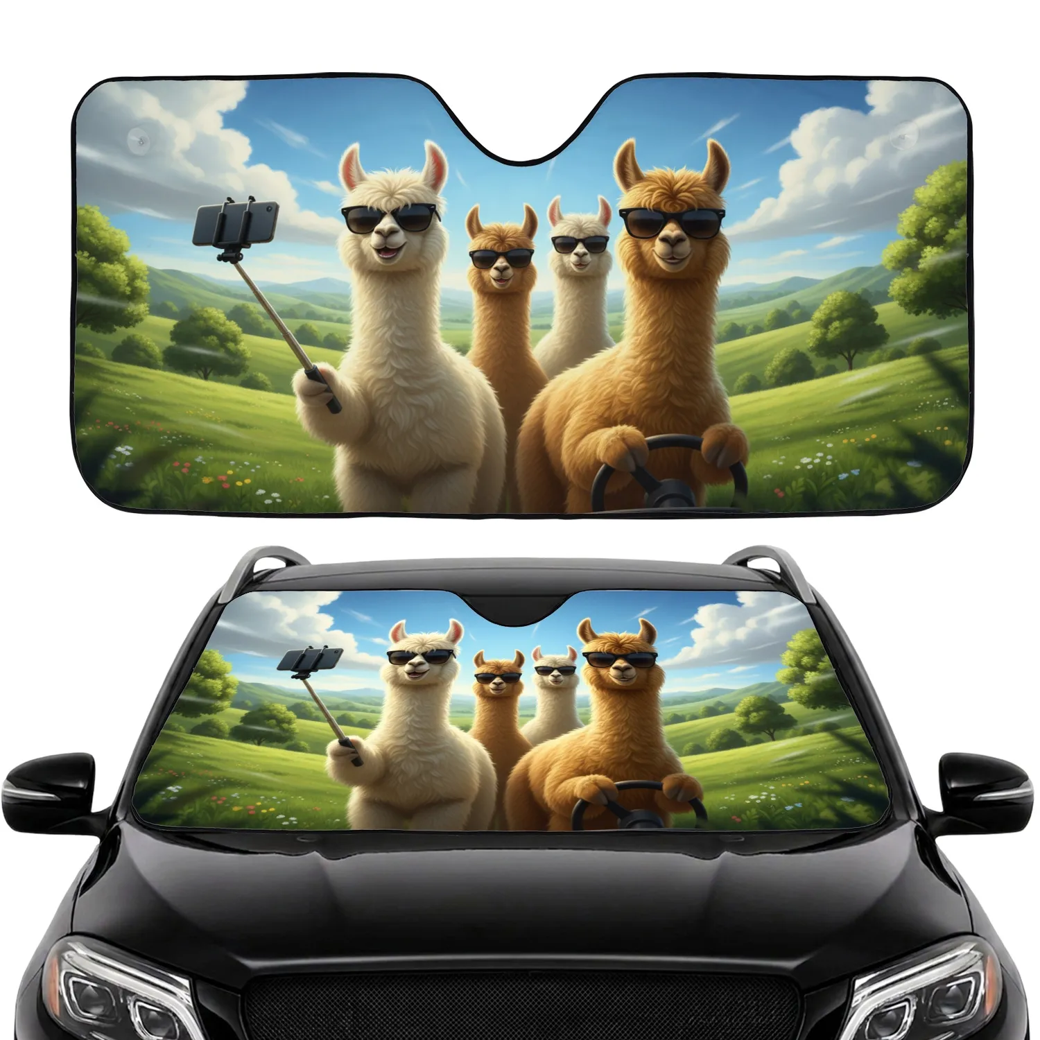 Alpacas Sunglasses Selfie Stick Steering Wheel - Road Trip Gift for Alpaca Lovers Car Sunshade - 1