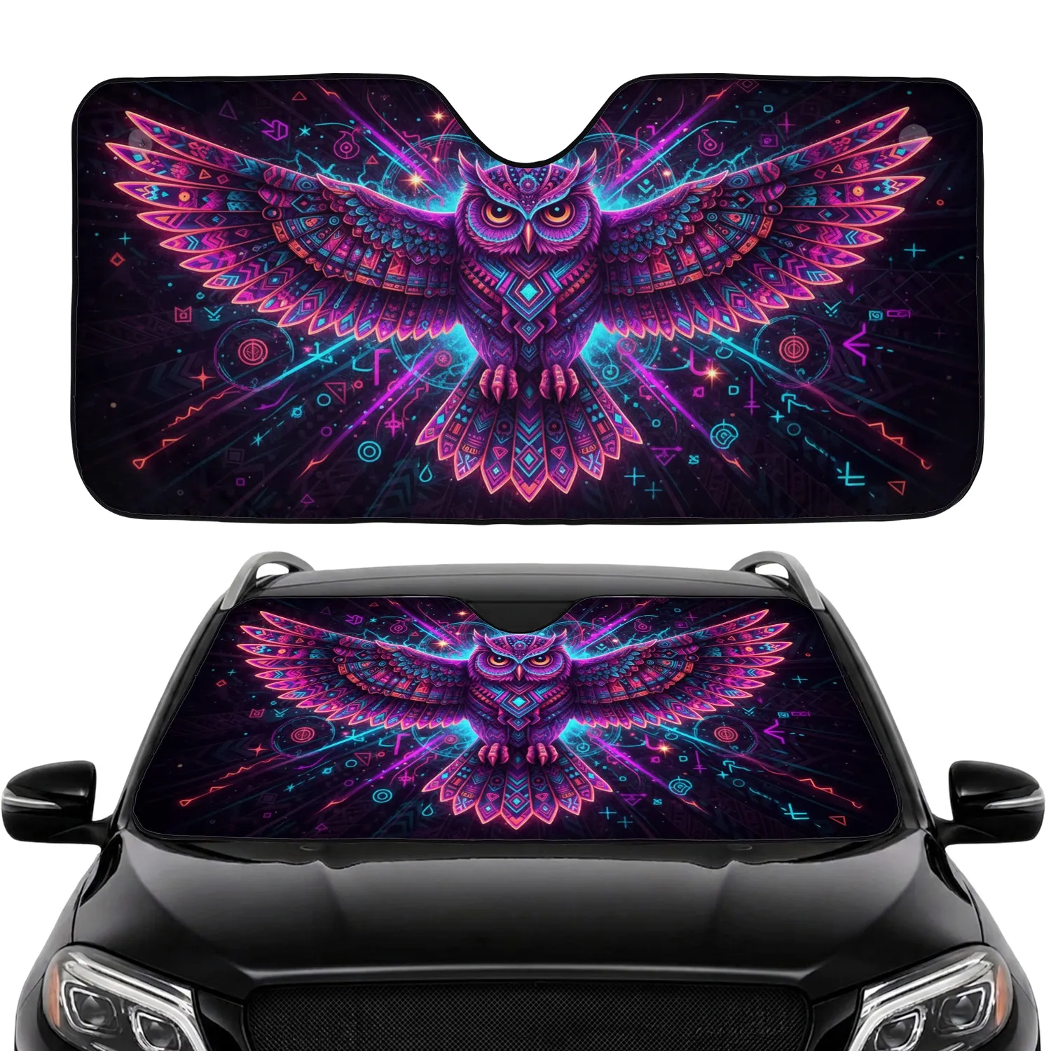 Majestic Cosmic Owl Geometric Tribal Glowing Neon - Car Interior Upgrade Car Sunshade - 1