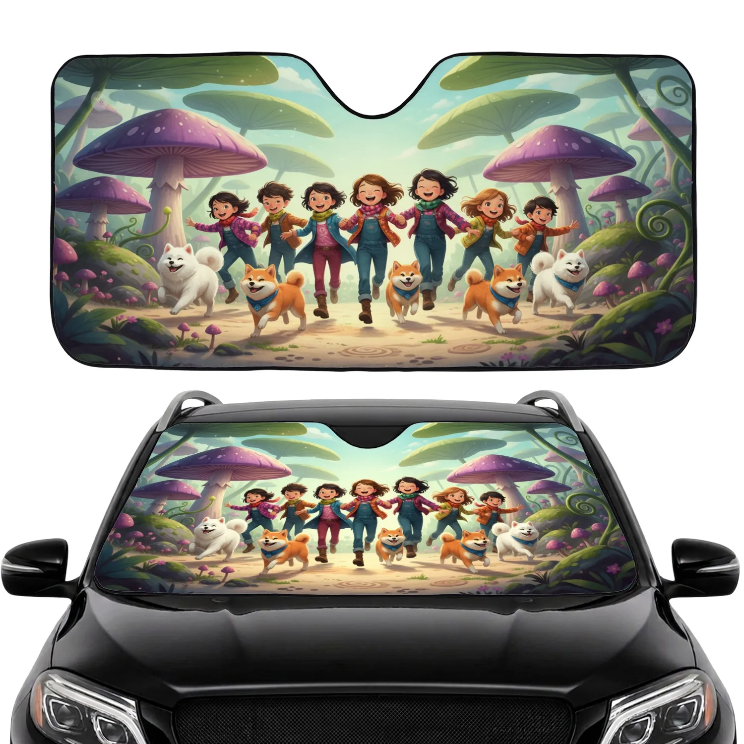 Children Samoyed Shiba Inu Mushroom Forest Road Trip Gift Car Sunshade - 1