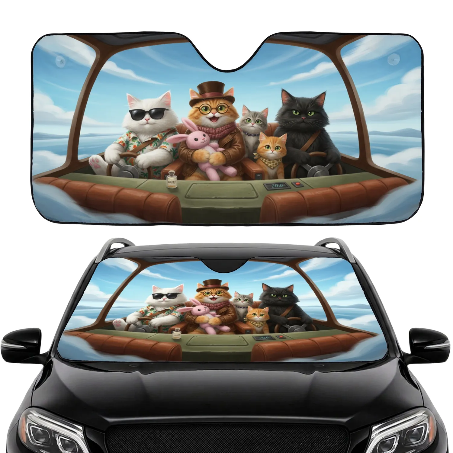 Five Anthropomorphic Cats Road Trip - Road Trip Gift for Cat Lovers Car Sunshade - 1