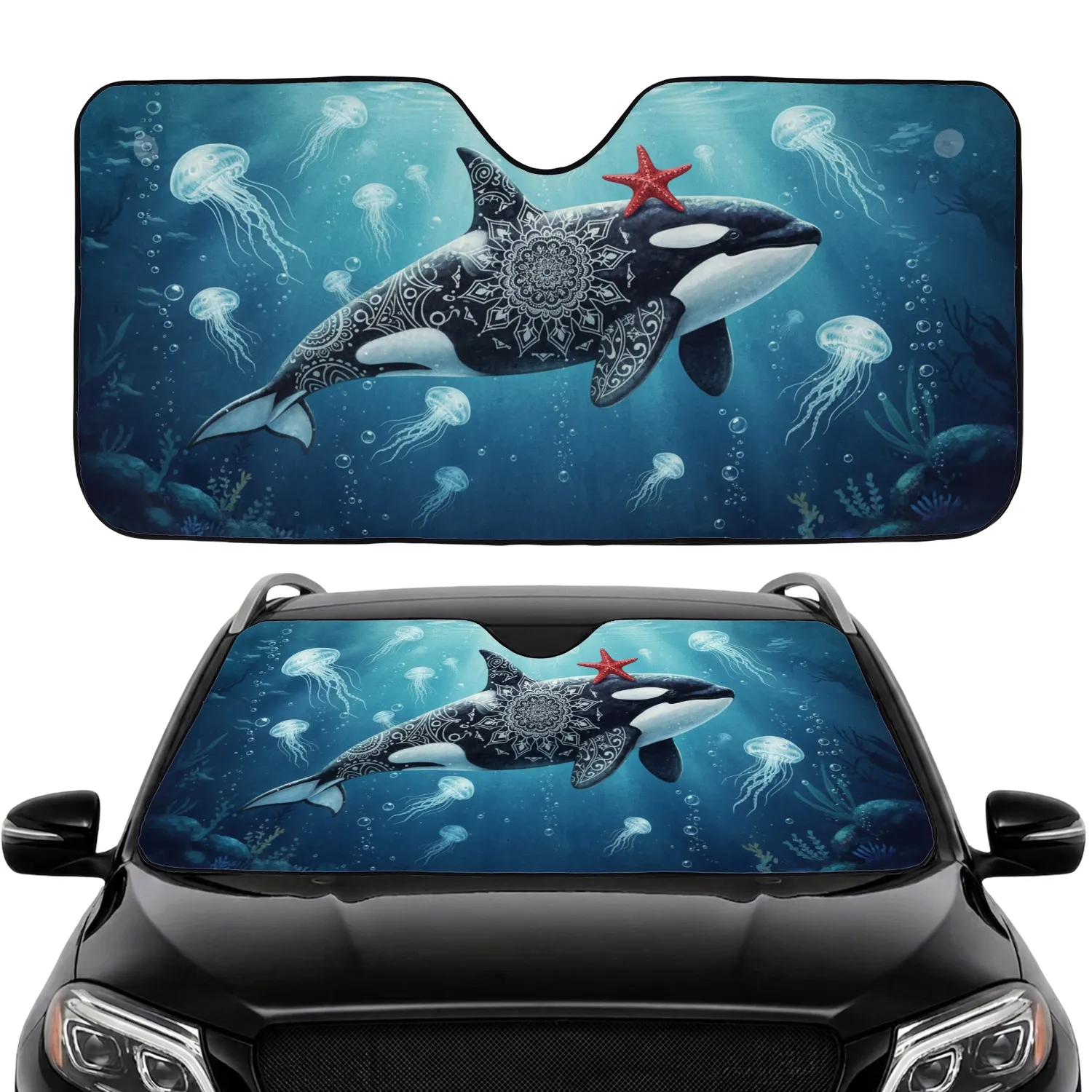 Orca Killer Whale Starfish Geometric Mandala Jellyfish Ocean - Car Interior Upgrade Car Sunshade - 1