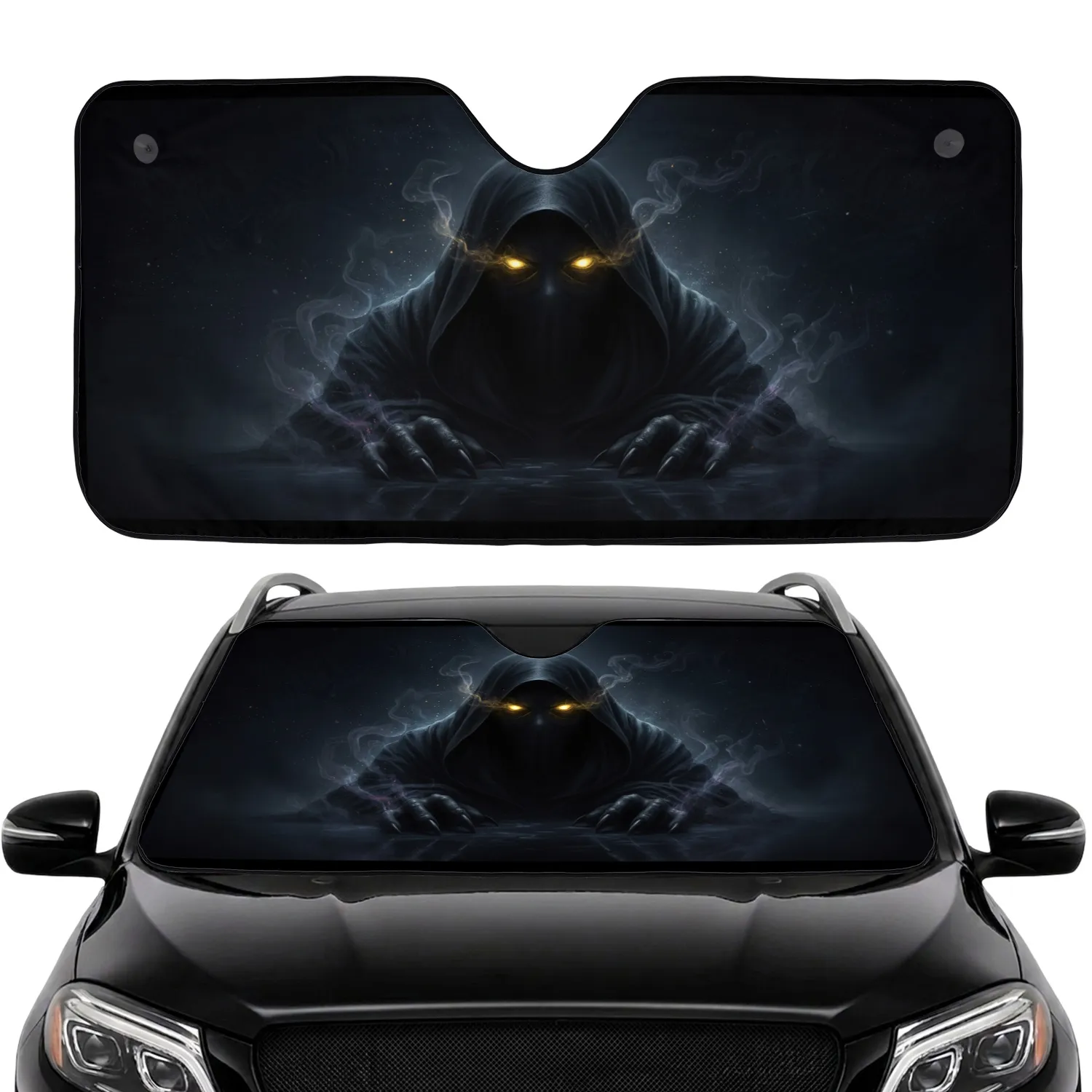 Mysterious Cloaked Entity Luminous Golden Eyes Clawed Digits Reflective Surface Dark Mist Car Interior Upgrade Car Sunshade - 1
