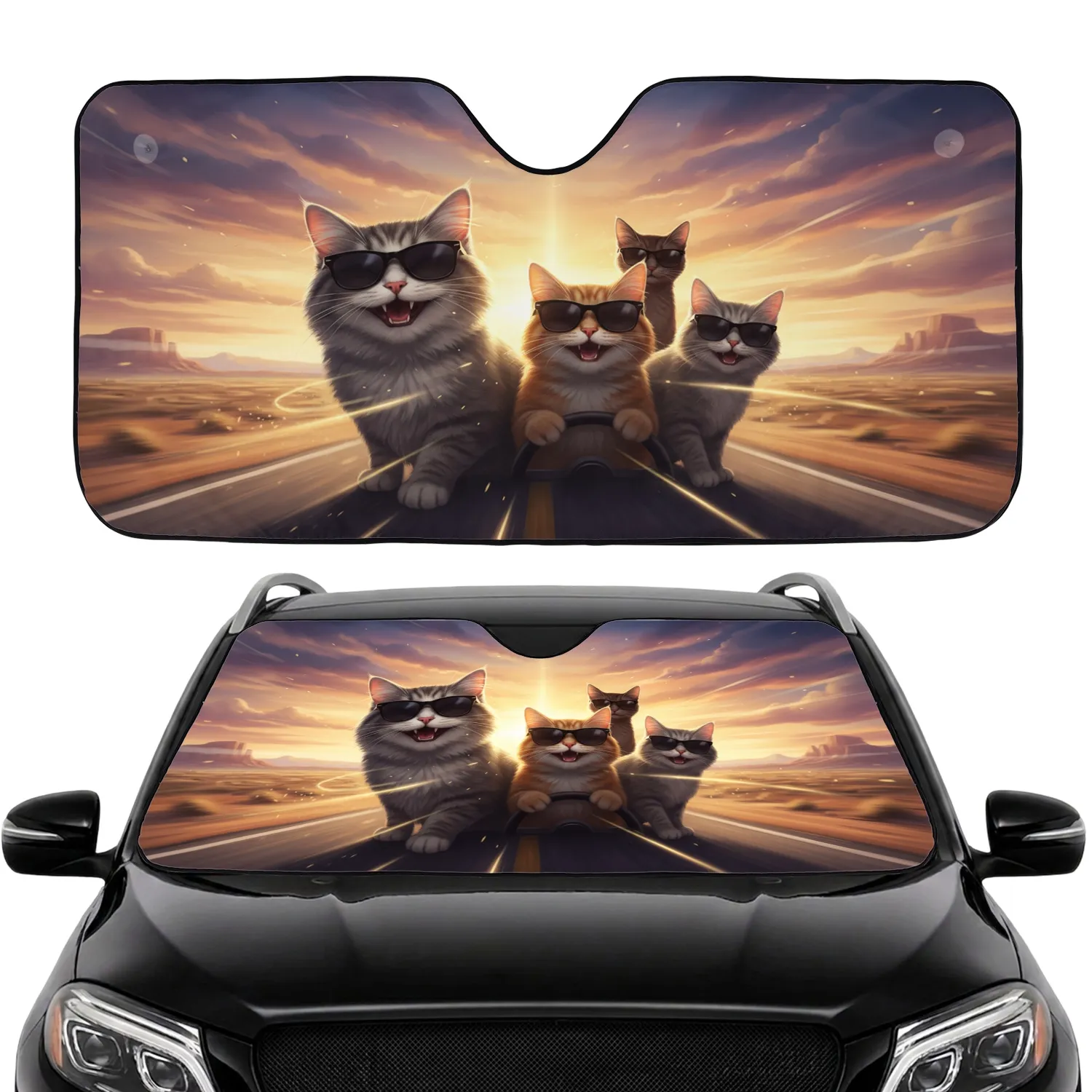 Cats in Sunglasses Driving Desert Highway - Sunset Road Trip Gift for Cat Lovers Car Sunshade - 1