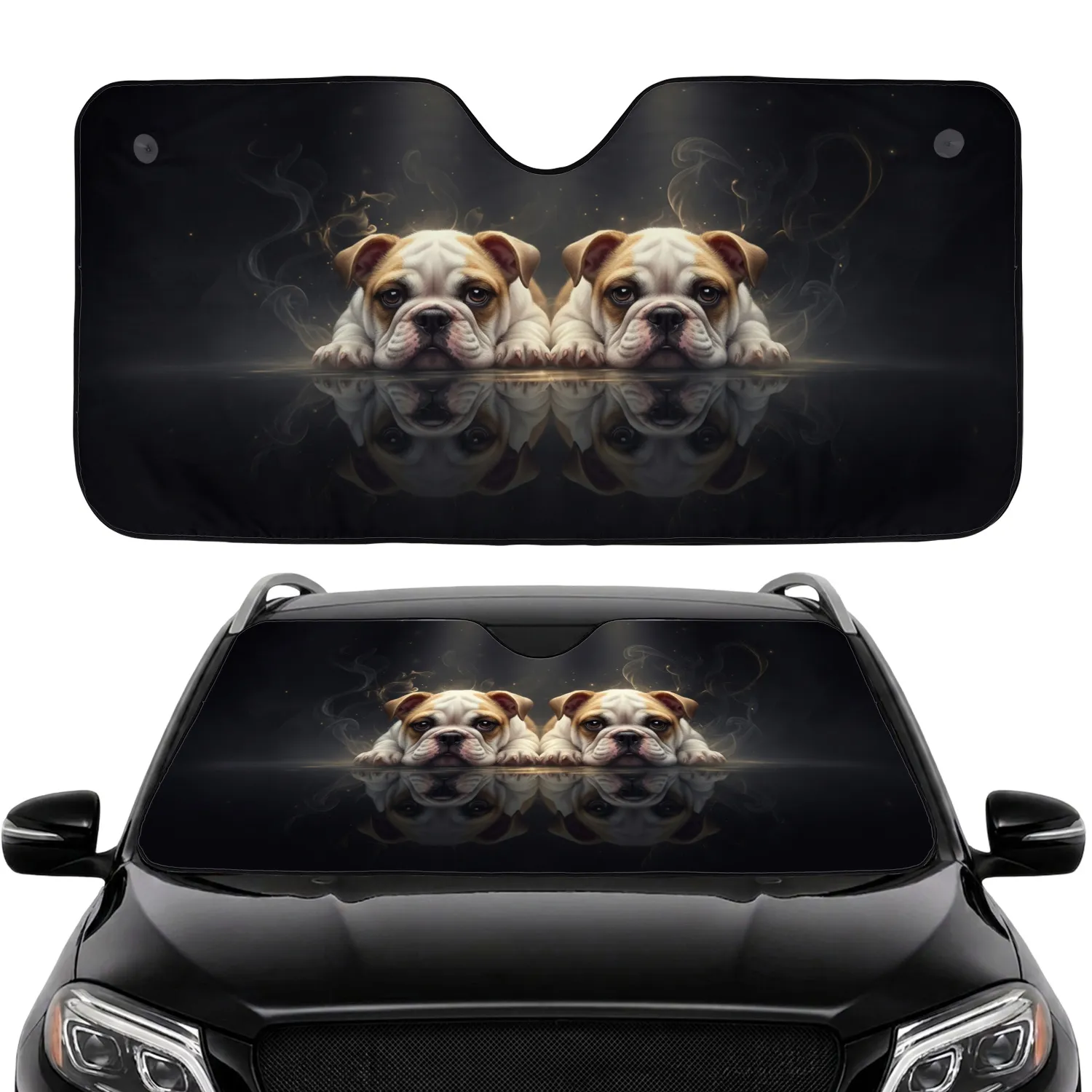 Cream White English Bulldog Puppies Liquid Reflection - Car Interior Upgrade for Dog Lovers Car Sunshade - 1
