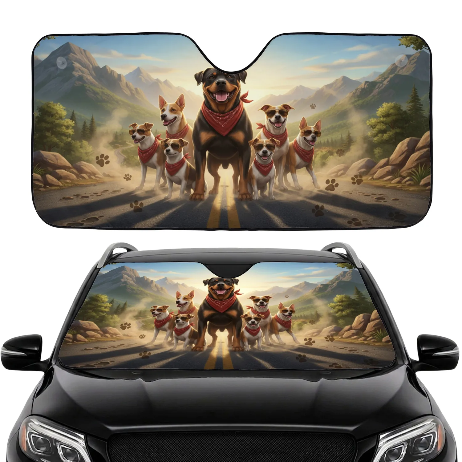 Seven Diverse Dogs Sunglasses Bandanas Mountain Road - Road Trip Gift for Dog Lovers Car Sunshade - 1