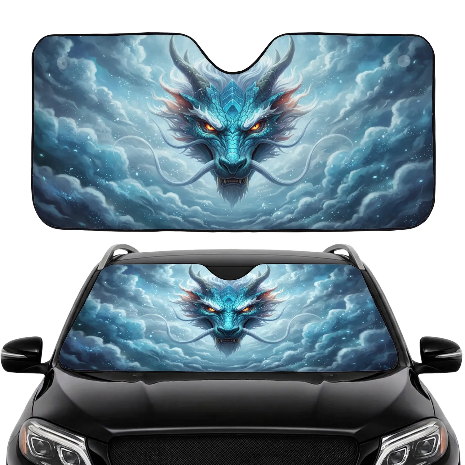 Majestic Eastern Azure Dragon Head Icy Mist Fiery Eyes Car Interior Upgrade Car Sunshade - 1