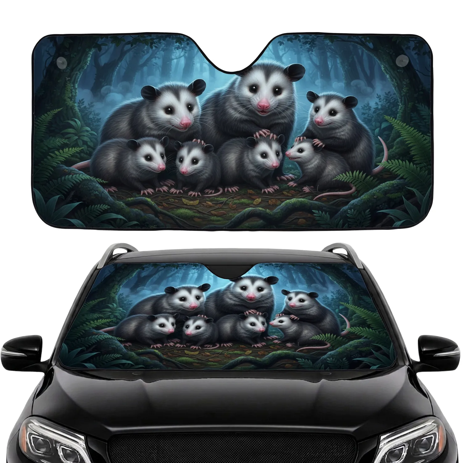 North American Opossums Family Dappled Moonlight Forest - Road Trip Accessory Car Sunshade - 1