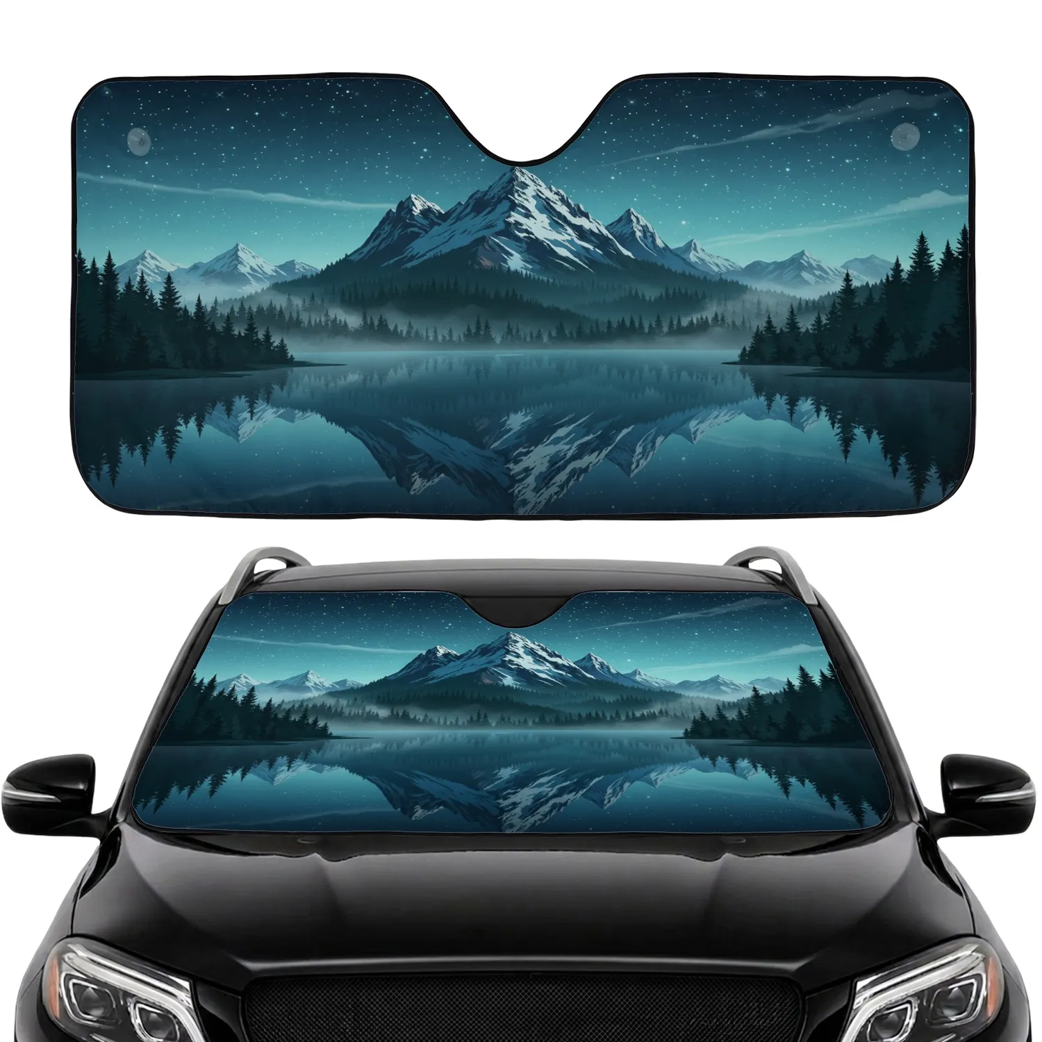 Starry Night Mountain Lake Pine Forest Scene - Road Trip Essential Car Interior Upgrade Car Sunshade - 1