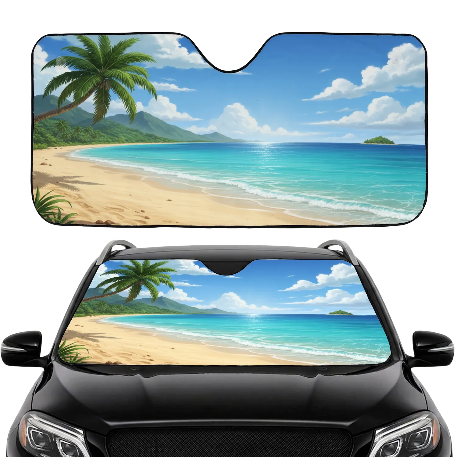 Tropical Beach Palm Tree Golden Sand Ocean - Road Trip Travel Car Sunshade - 1
