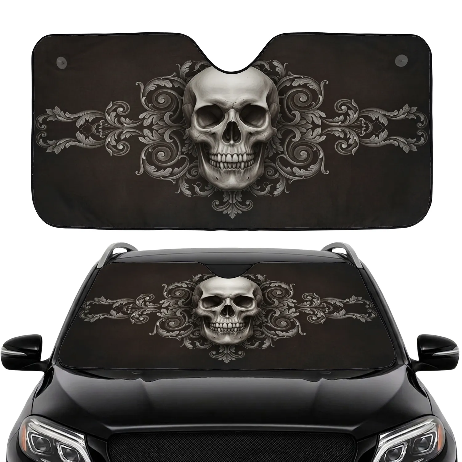 Aged Grunge Human Skull Baroque Acanthus Leaf Scrolls - Car Interior Upgrade Car Sunshade - 1