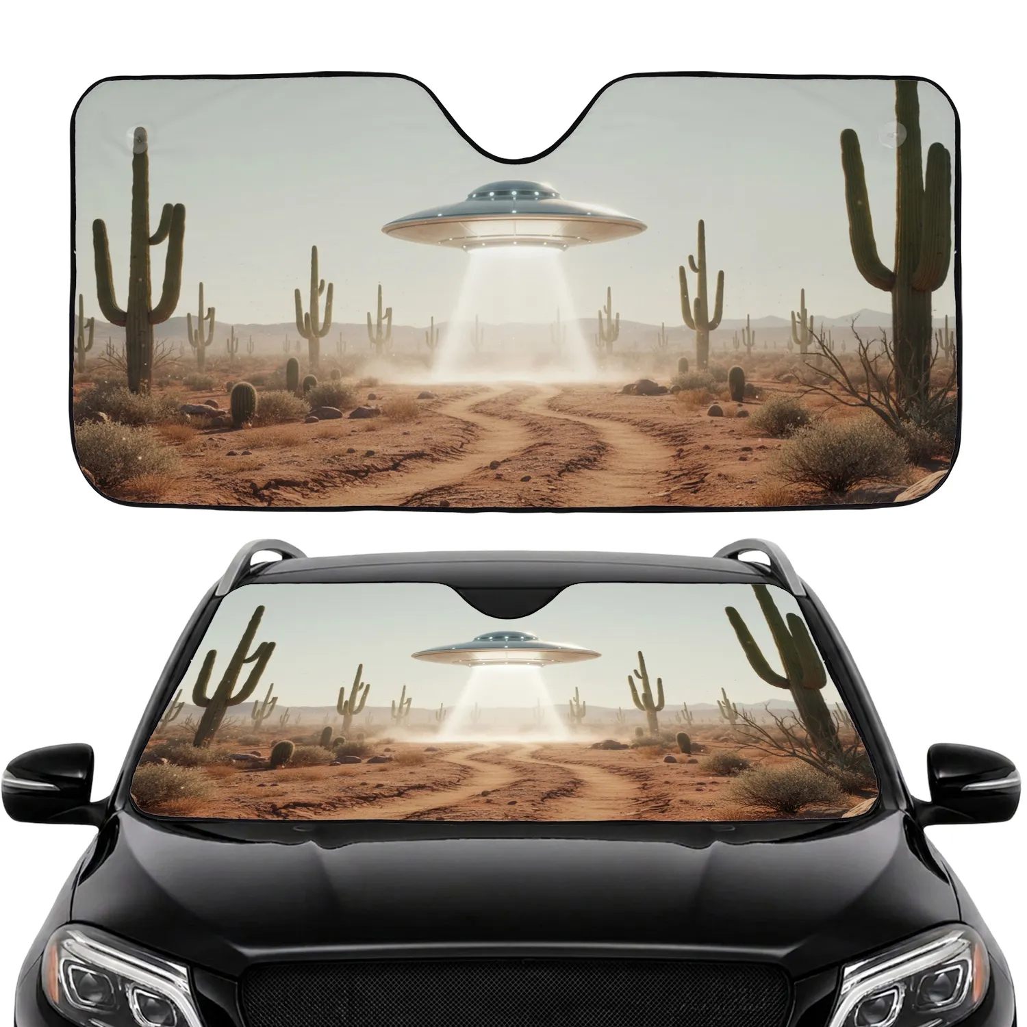 UFO Desert Scene Flying Saucer Cacti - Car Interior Upgrade Car Sunshade - 1