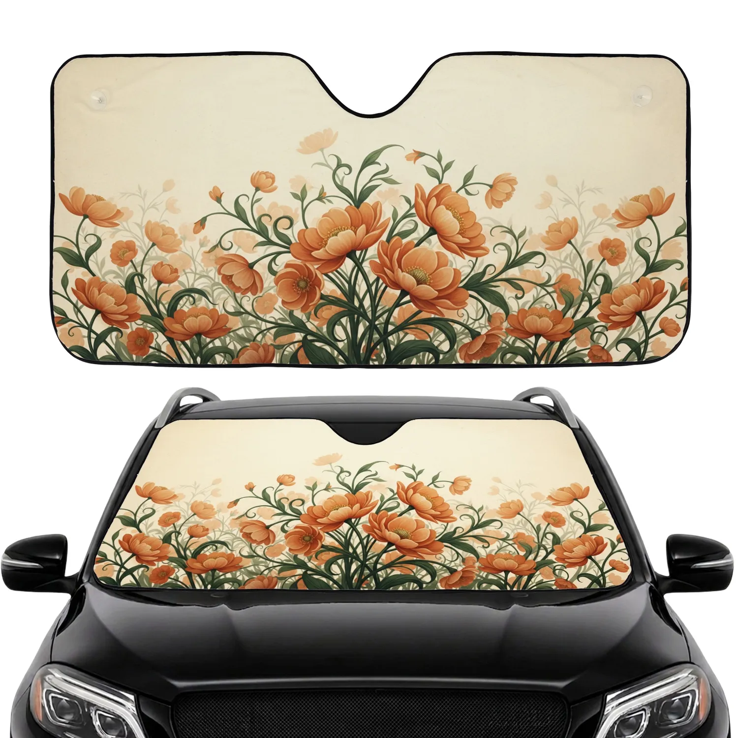 Organic Flowers Broad Petals Stems Leaves Tendrils Floral Field Car Interior Upgrade Car Sunshade - 1
