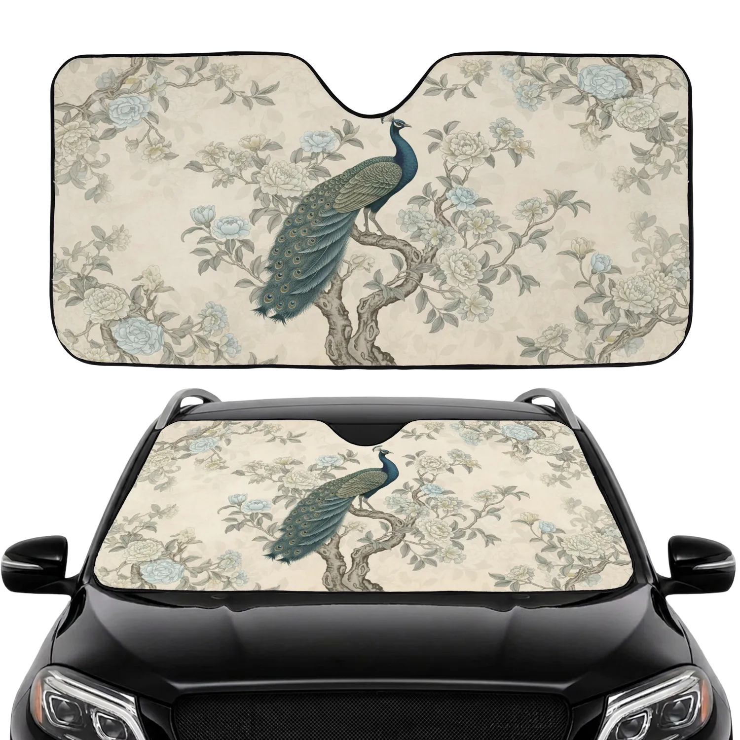 Peacock Chinoiserie Floral Tree Branch - Car Interior Upgrade Car Sunshade - 1