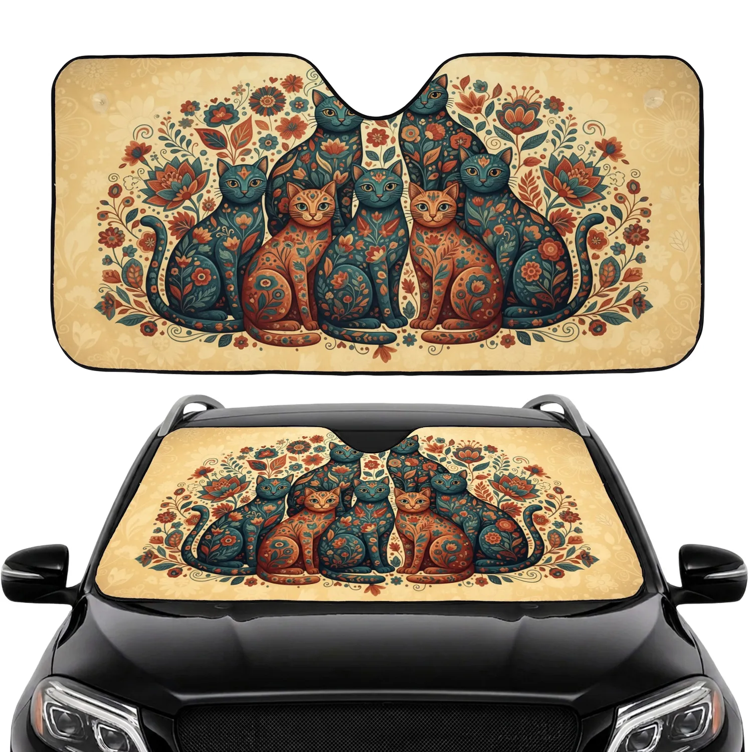 Cats Floral Botanical Leaves Swirling Outlines - Car Interior Upgrade Road Trip Travel Essentials Car Sunshade - 1